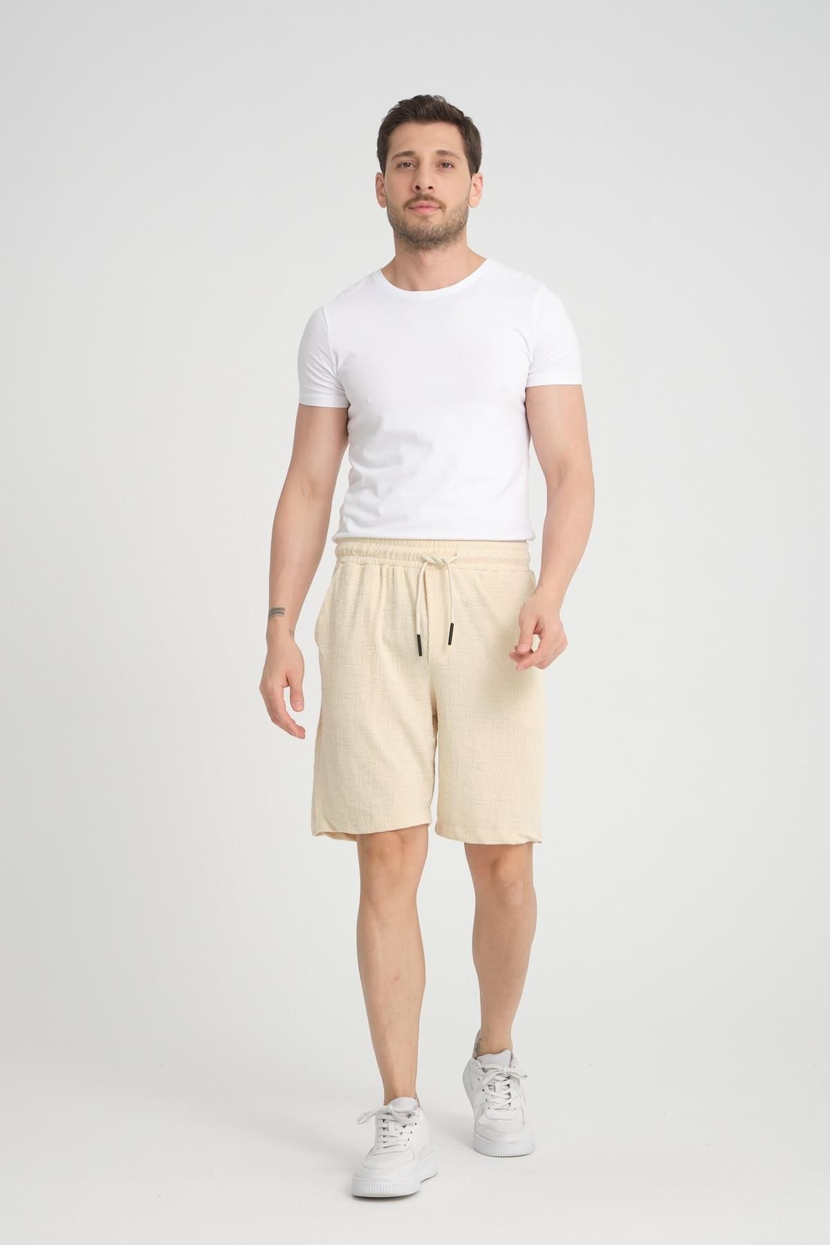 Valiberta-Beige Colored Lycra Knitted Patterned Elastic Shorts 3