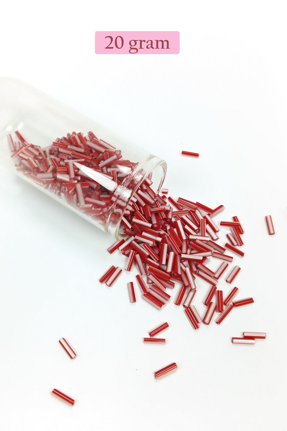 Mu Art Uzun Boru Kesme Boncuk Çap 2Mm Uzunluk 10 Mm - 20 Gram - Kırmızı Beyaz - Bnc239