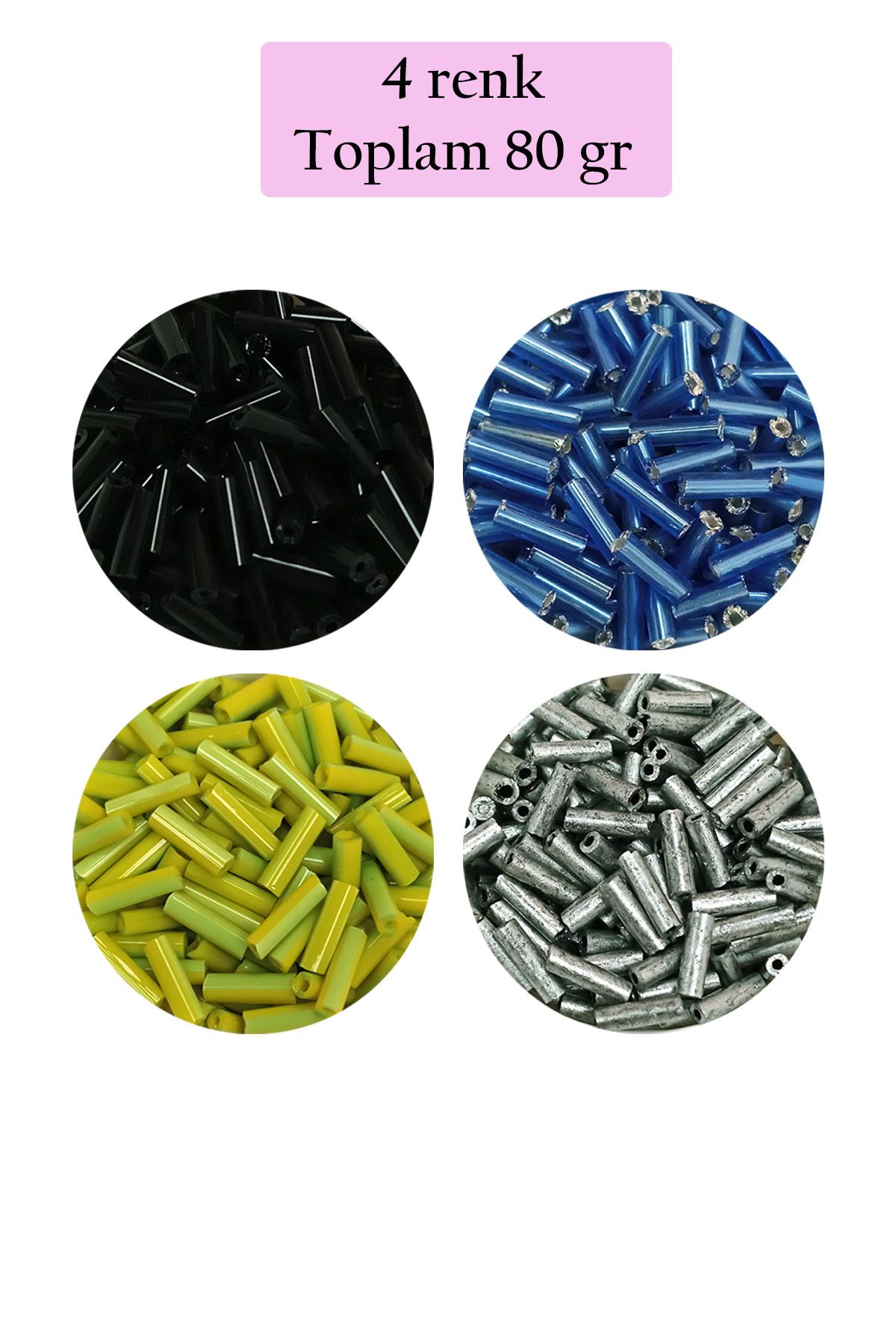 Mu Art Uzun Boru Kesme Boncuk Çap 2Mm Uzunluk 10 Mm - 4 Renk - Toplam 80 Gram - Bnc430