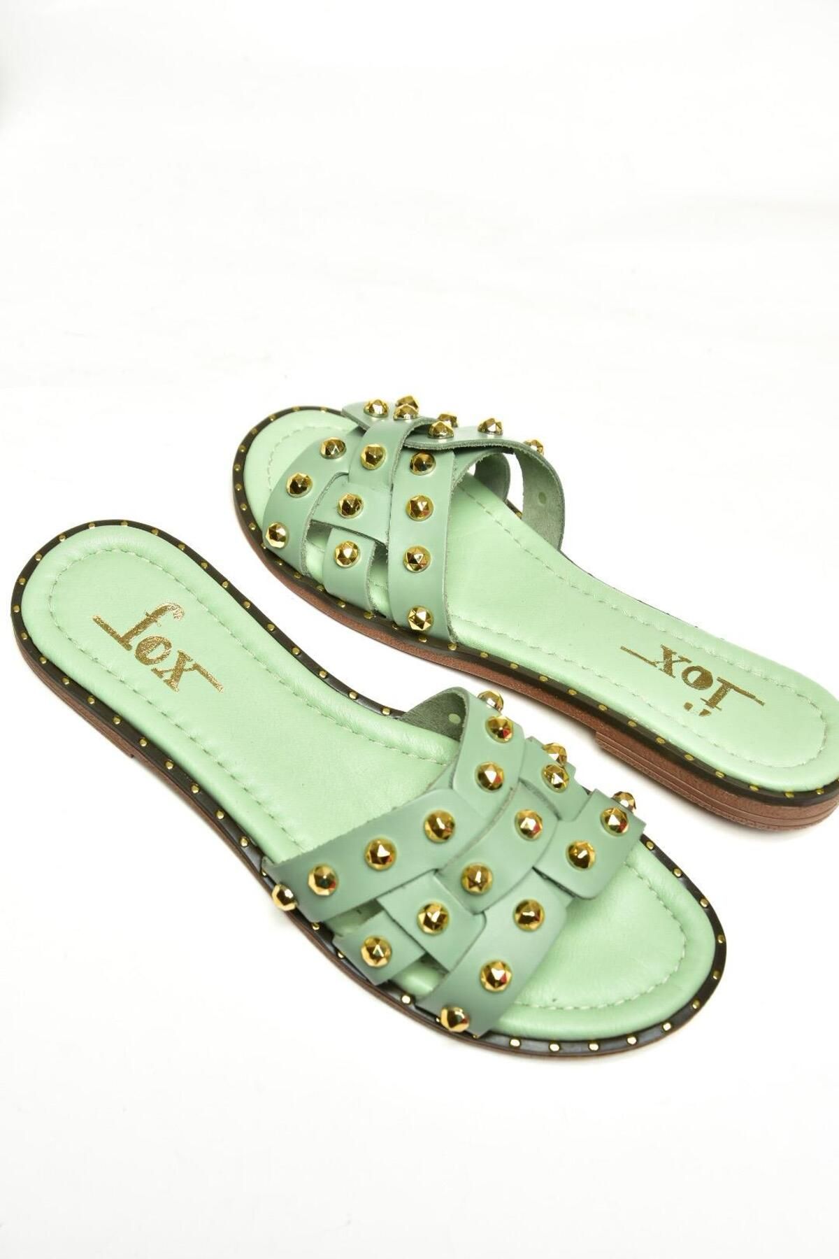 Fox Shoes-U 291100003   Green Genuine Leather Women's Slippers 7