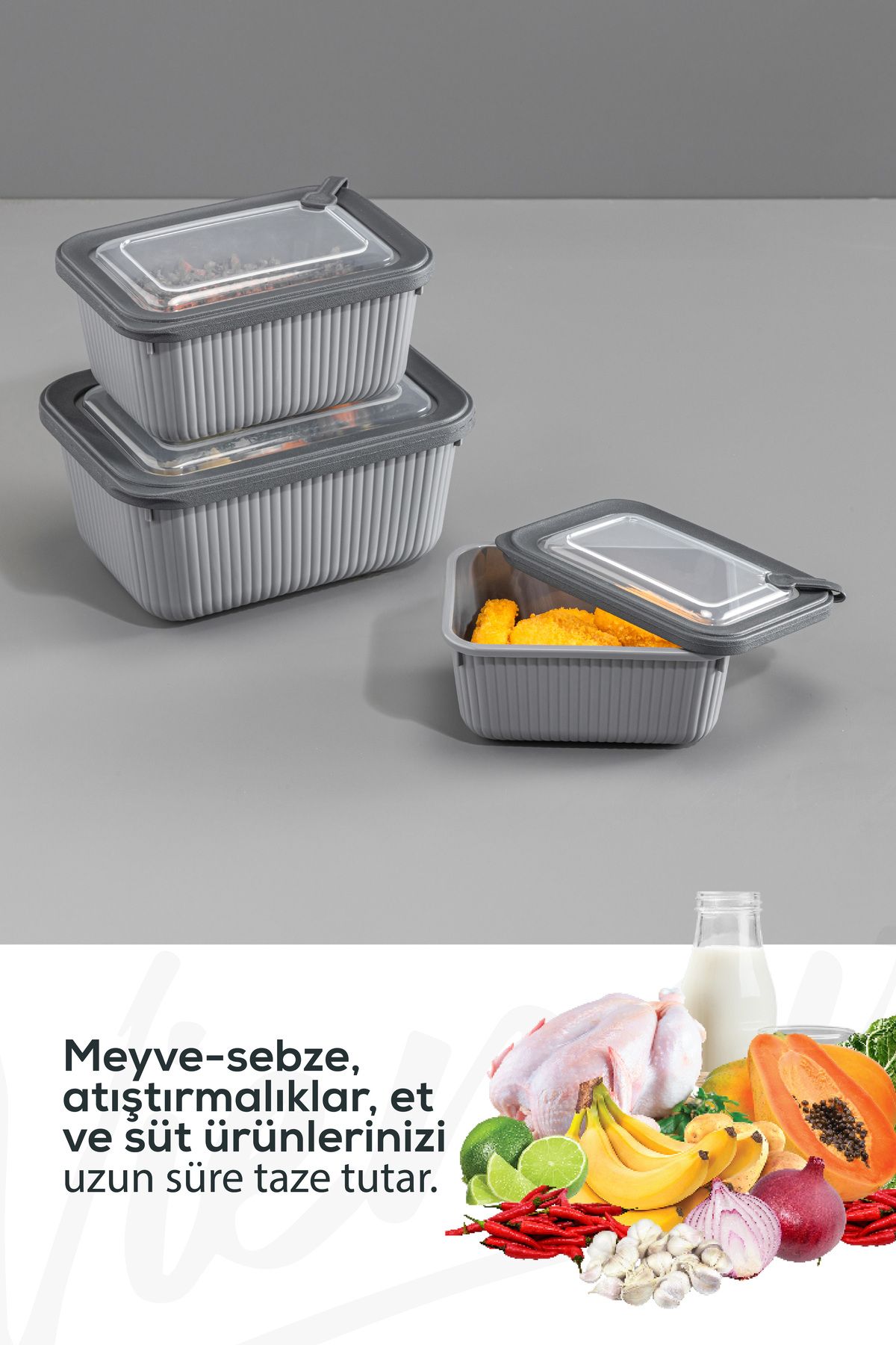 Vienev-Set of 12 Vip Rectangular Microwave and Diffracted Suitable Storage Containers Gray 4X(1750,1050,600 ml) 6
