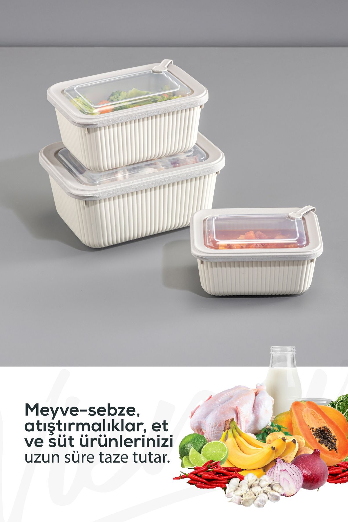 Vienev-Beige 3X(1750,1050,600 ml) Vip Rectangular Microwave & Diffuse Storage Container Set 6