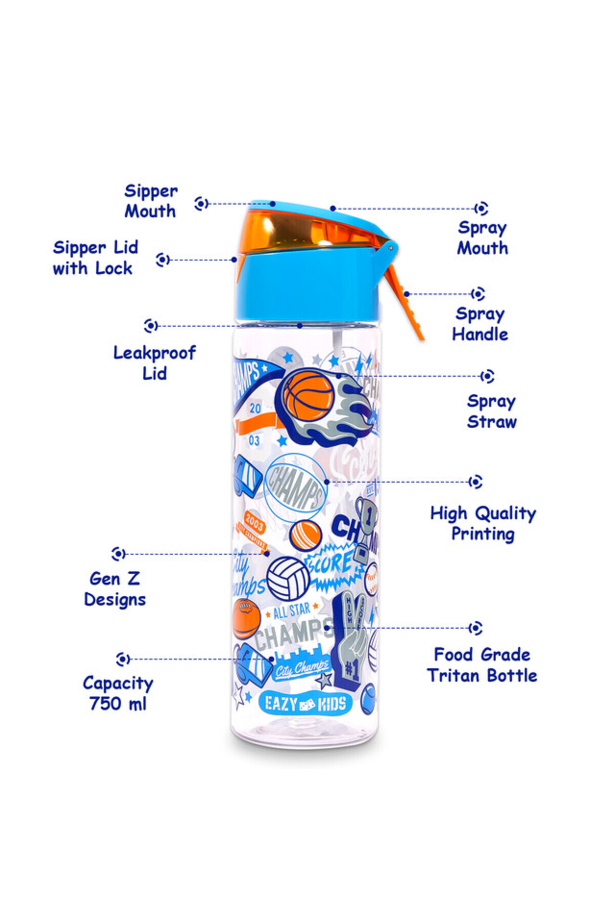 Eazy Kids-Tritan Water Bottle w / Spray, Soccer - Blue, 750ml 6