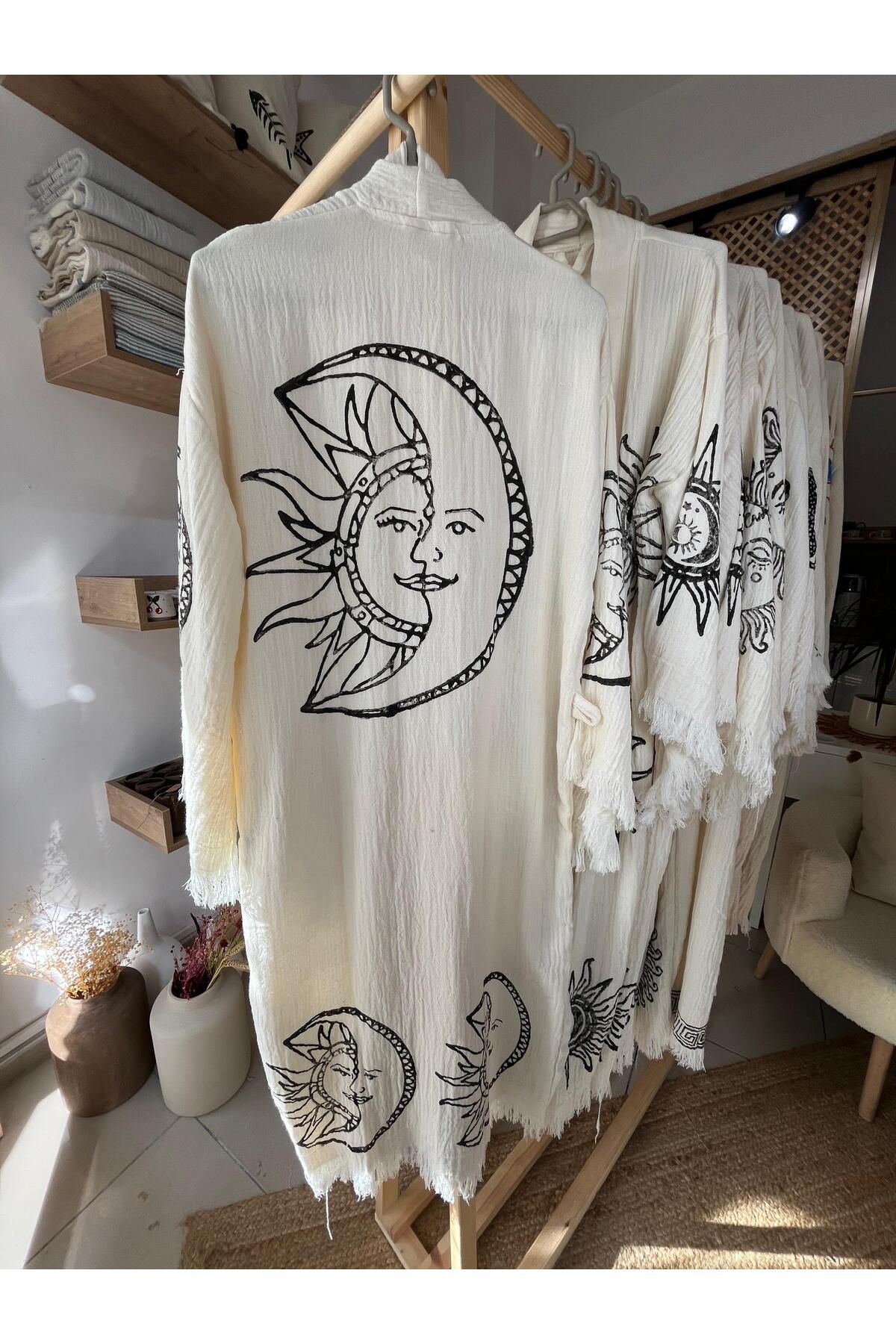 ANİKA %100 Pamuklu Güneş ve Ay Desenli Müslin Kimono Yeni Nesil Bornoz Kaftan Sabahlık - El Baskı
