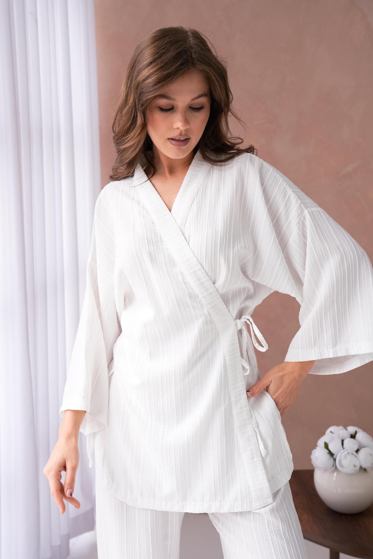 minaaise-White Print Kimono and Pants Set - Side Tie, Bottom/Top Set 29059 5