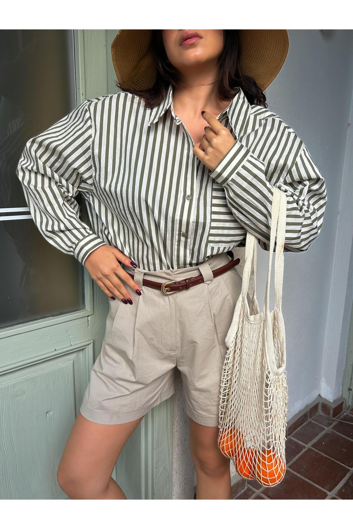 minaaise  Kadın Haki Çizgili Oversize Cep Detaylı Pamuklu Gömlek 29013 - Görsel 4