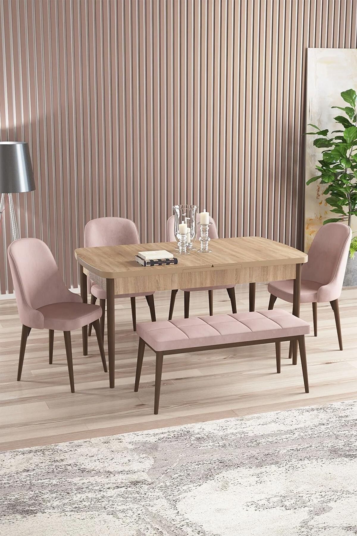 Armin Serisi Meşe 80x132 Açılabilir MDF Mutfak Masası Takımı 4 Adet Pembe Sandalye +1Bench-0