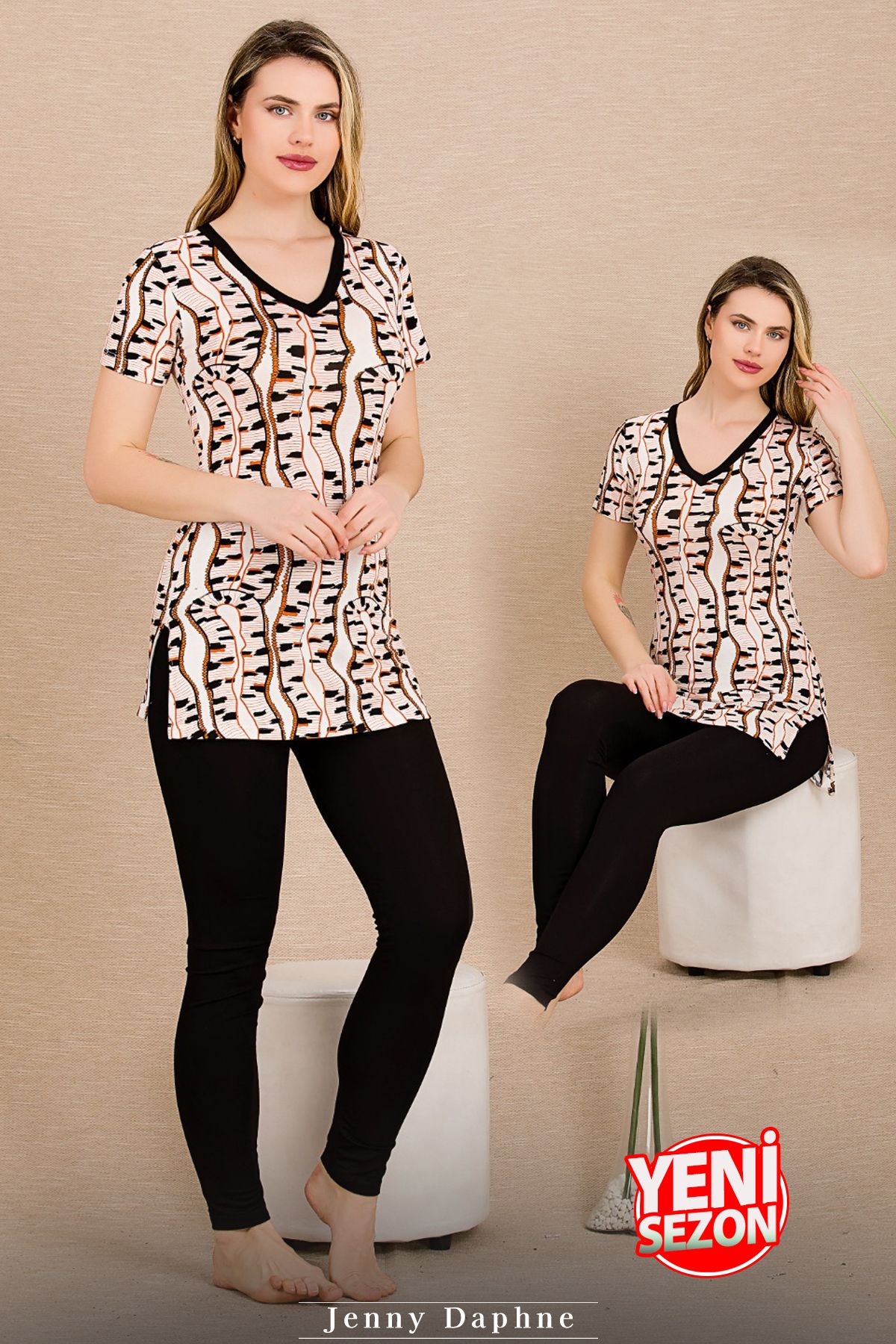 Jenny Daphne Set Pijama Neagră Cu Mânecă Scurtă Cu Model De Sezon Nou - Lady 12846 Femeie - L
