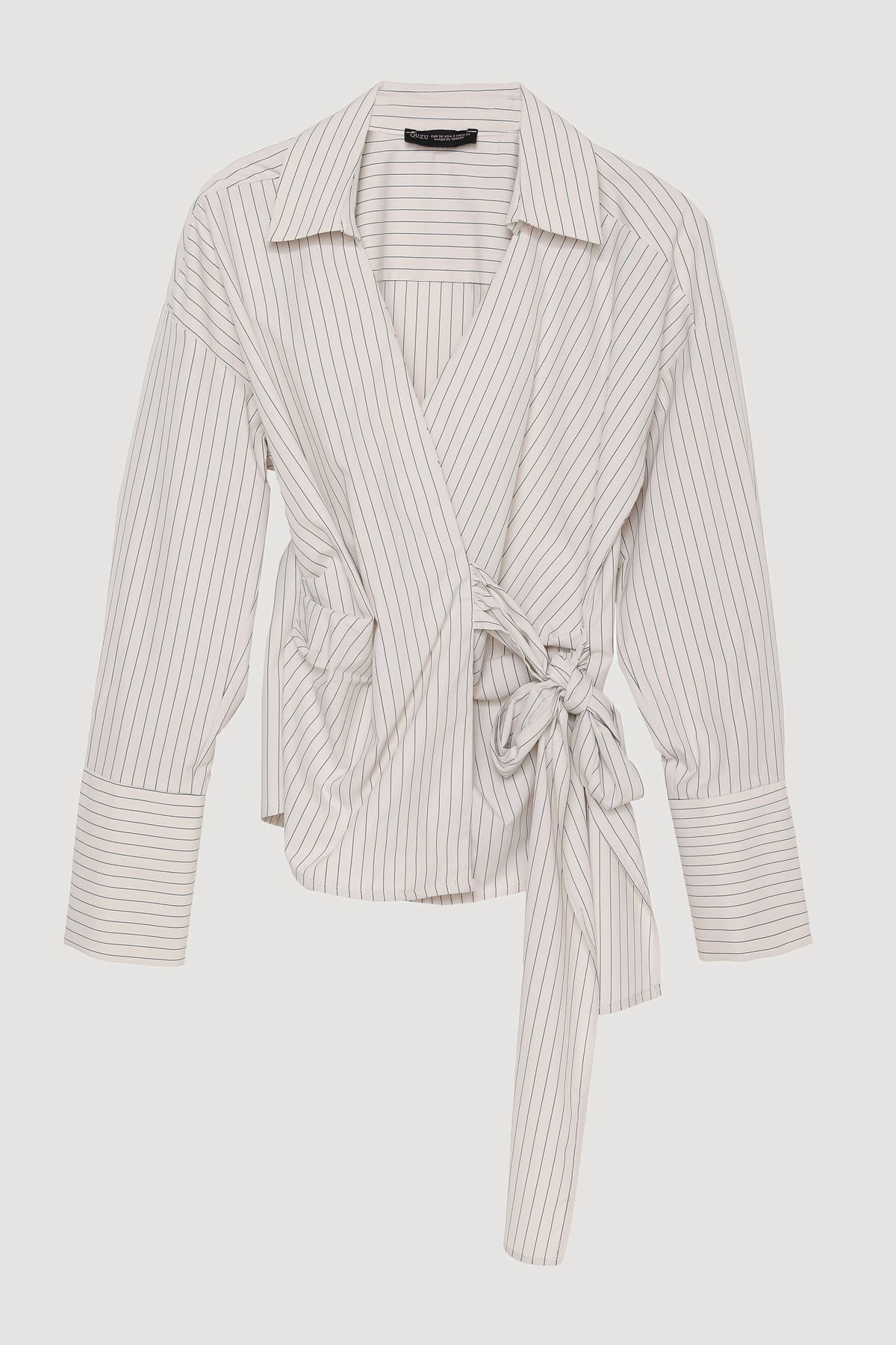 Quzu-Stone Color Pinstripe Double Breasted Shirt Blouse 1