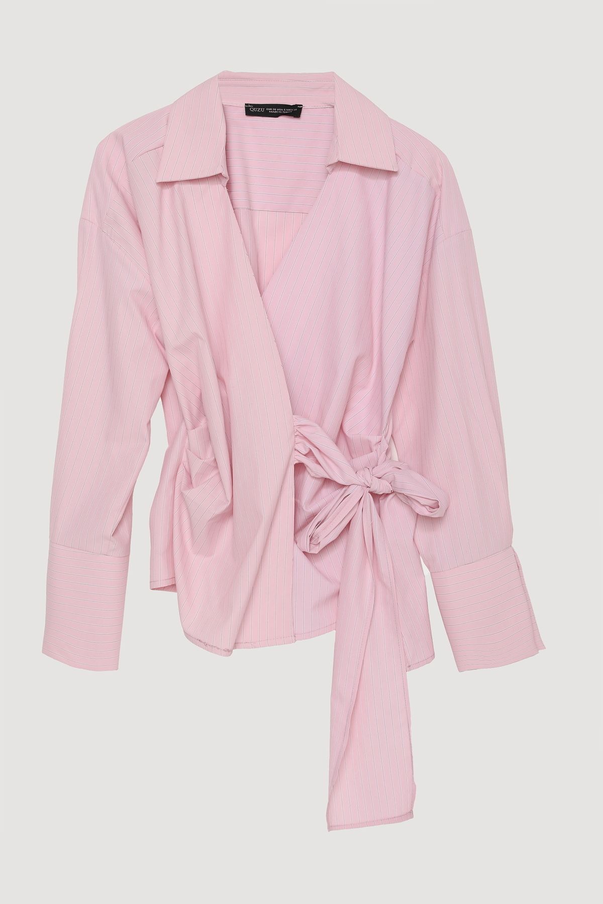 Quzu-Pink Pinstripe Double Breasted Shirt Blouse 1