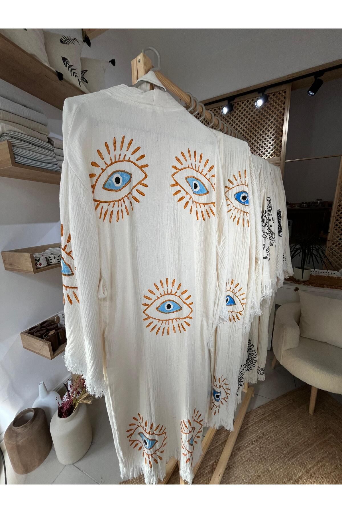 ANİKA %100 Pamuklu Göz Desenli Müslin Kimono Yeni Nesil Bornoz Kaftan Sabahlık - El Baskı