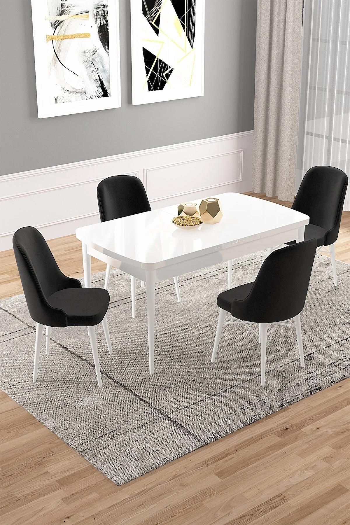 Vals Serisi Beyaz 80x132 Açılabilir MDF Mutfak Masası Takımı 4 Adet Siyah Sandalye-0