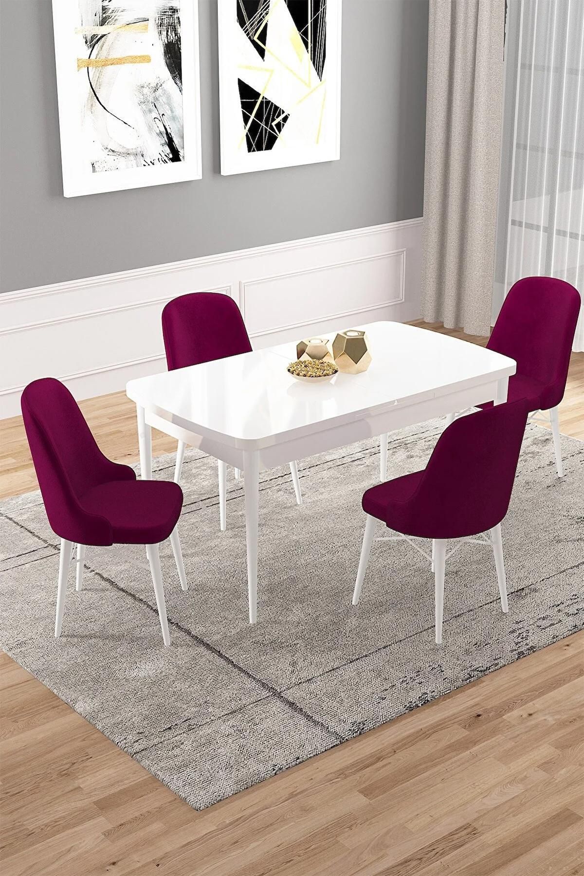Vals Serisi Beyaz 80x132 Açılabilir MDF Mutfak Masası Takımı 4 Adet Mürdüm Sandalye-0