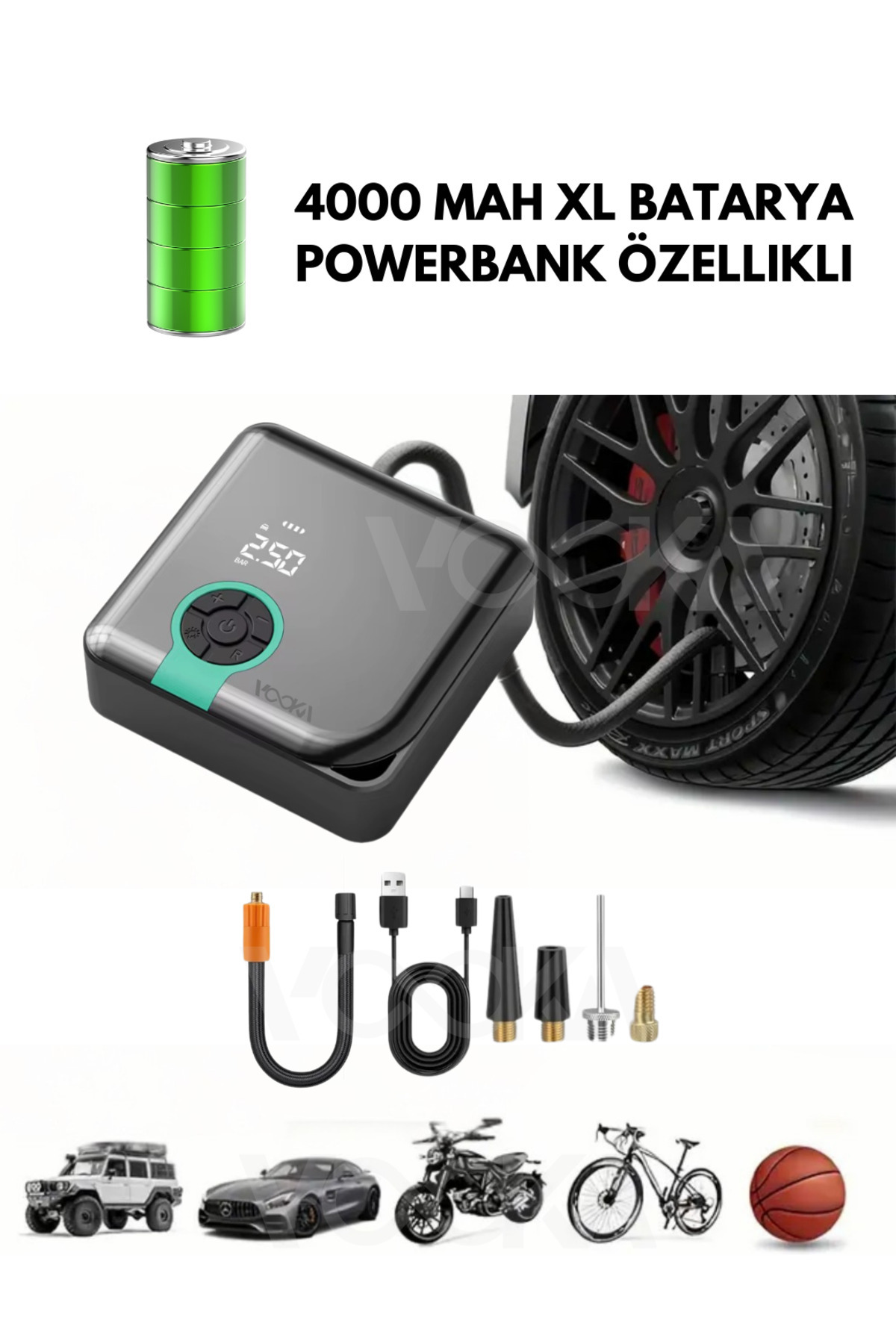 VOOKA Yeni 4000 mAh Şarjlı Hava Pompası Araç Lastik, Bisiklet, Top Şişirme Oto Hava Kompresörü Powerbank