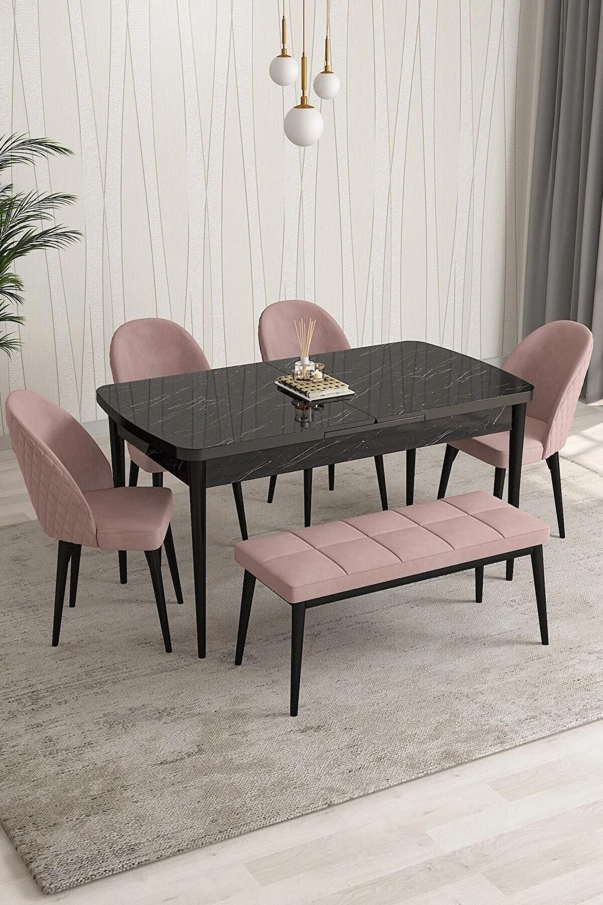 Arjeta Serisi Siyah Mermer 80x132 Açılabilir MDF Mutfak Masası Takımı 4 Adet Pembe Sandalye +1 Bench-0