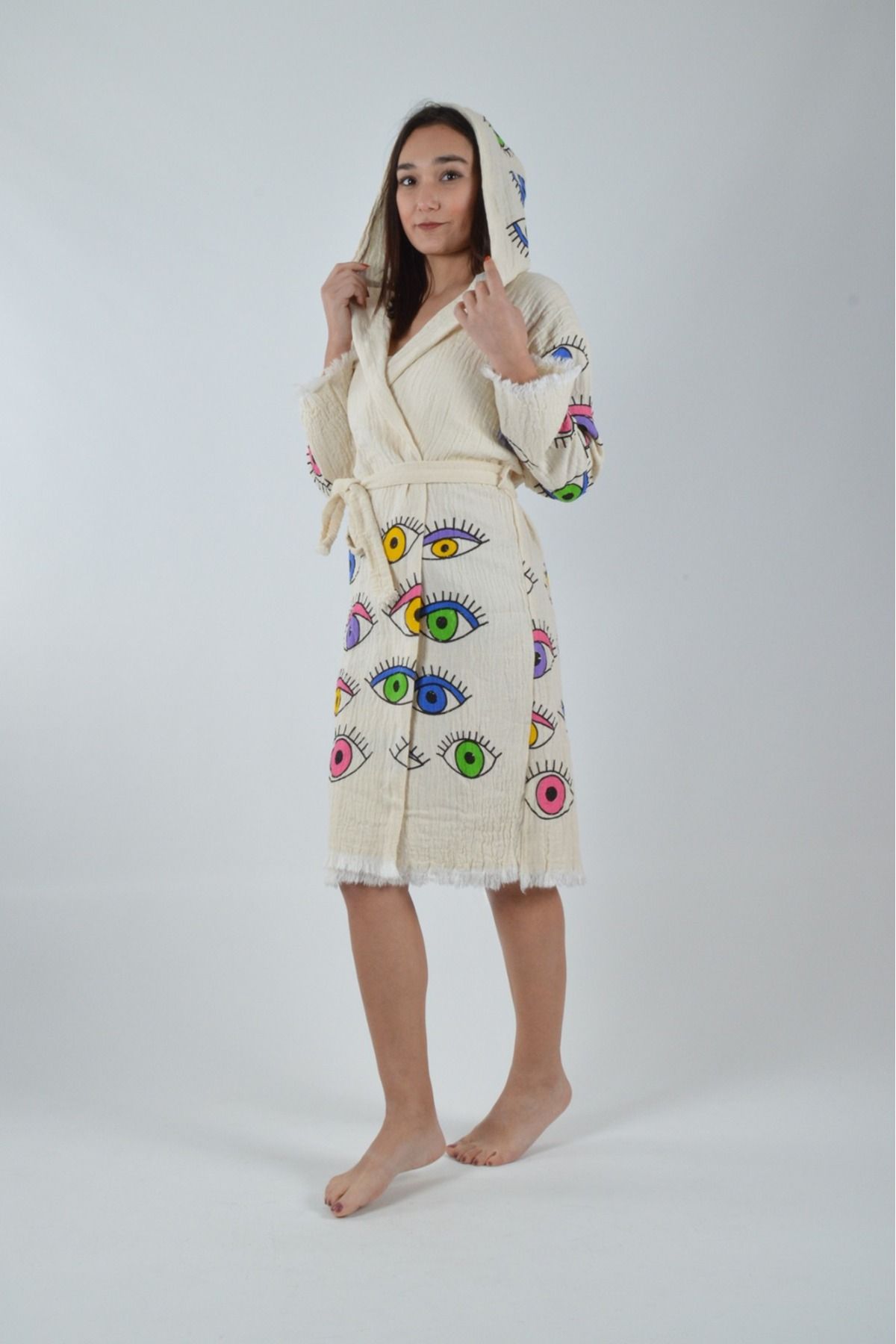CASPARA Halat De Baie Unisex Din Muselină Din Bumbac - Kaftan Kimono Cu Model De Ochi Colorați De Plajă - L/XL