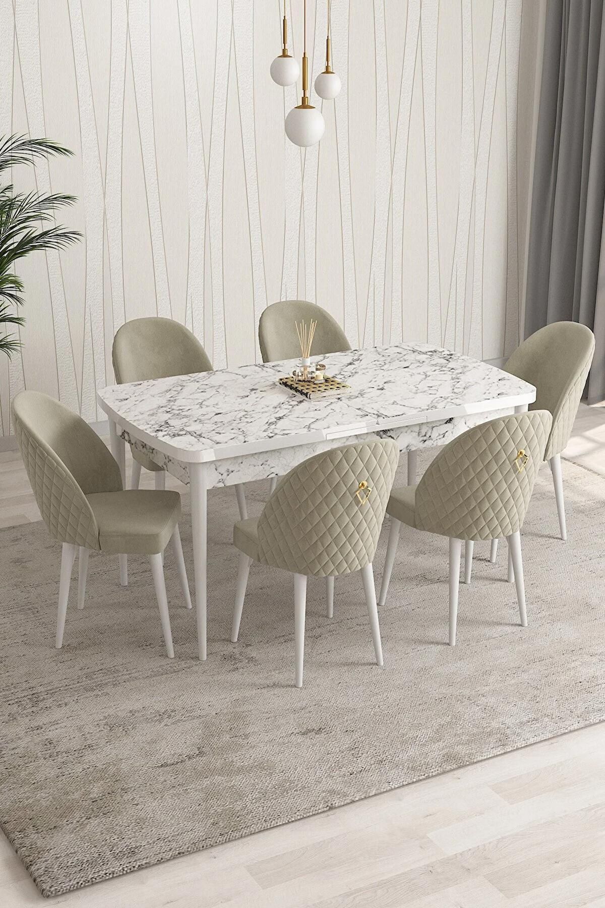 Arjeta Serisi Beyaz Mermer 80x132 Açılabilir MDF Mutfak Masası Takımı 6 Adet Krem Sandalye-0