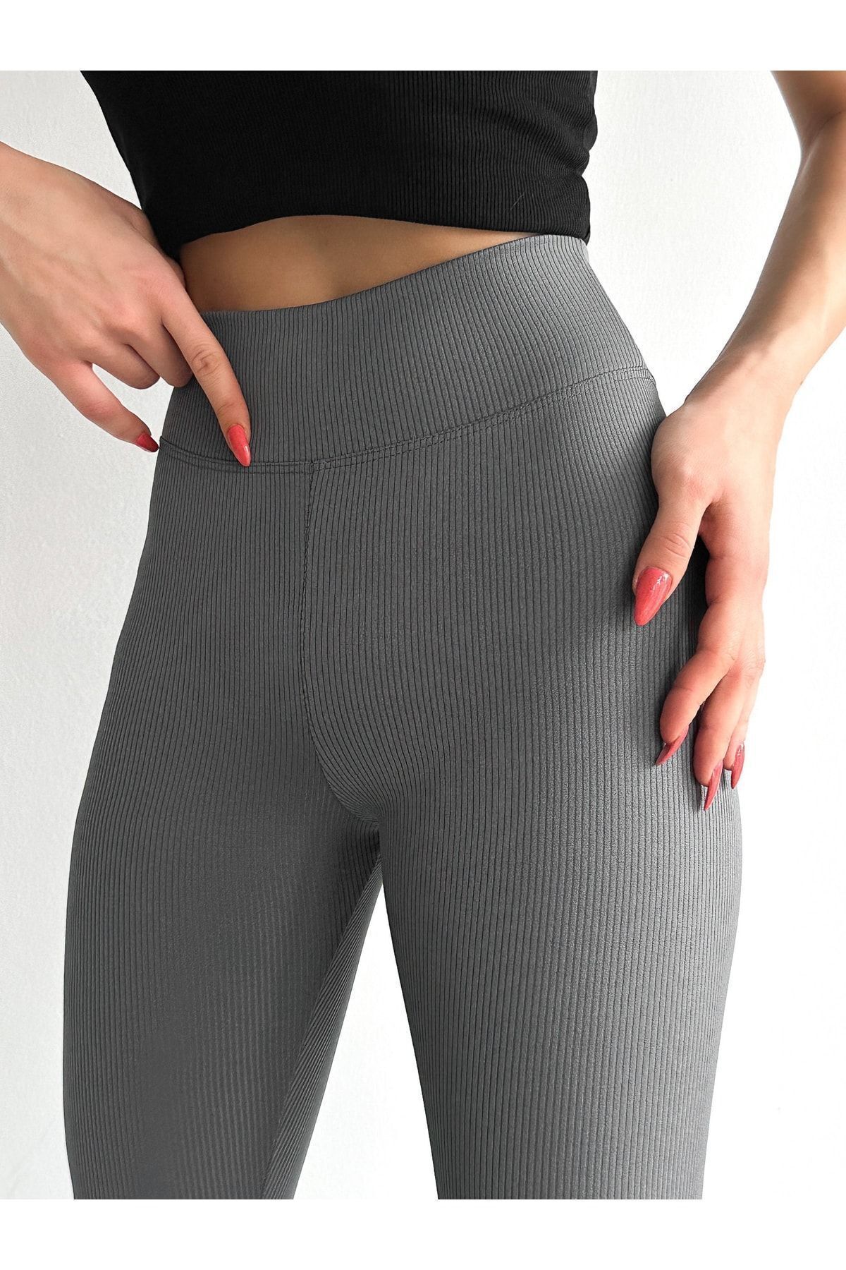 BEJNA-Graue gerippte Strumpfhose mit hoher Taille für Damen 4