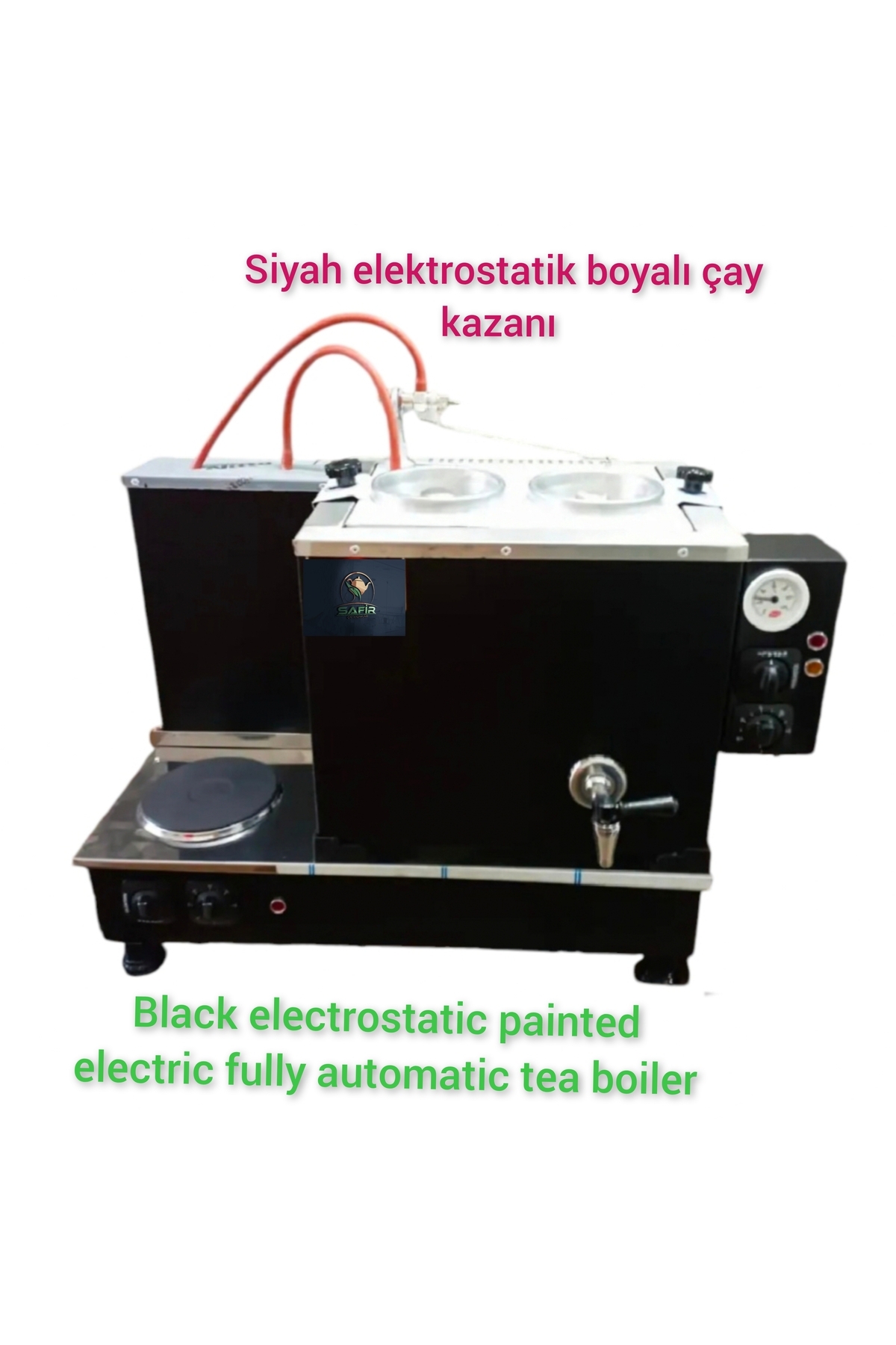 SAFİR ÇAY KAZANLARI Safir Siyah Boyalı 2 li Çay Kazanı Sadece Elektrikli Pleytli Çay Makinesi Tam Otomatik Çay Makinesi