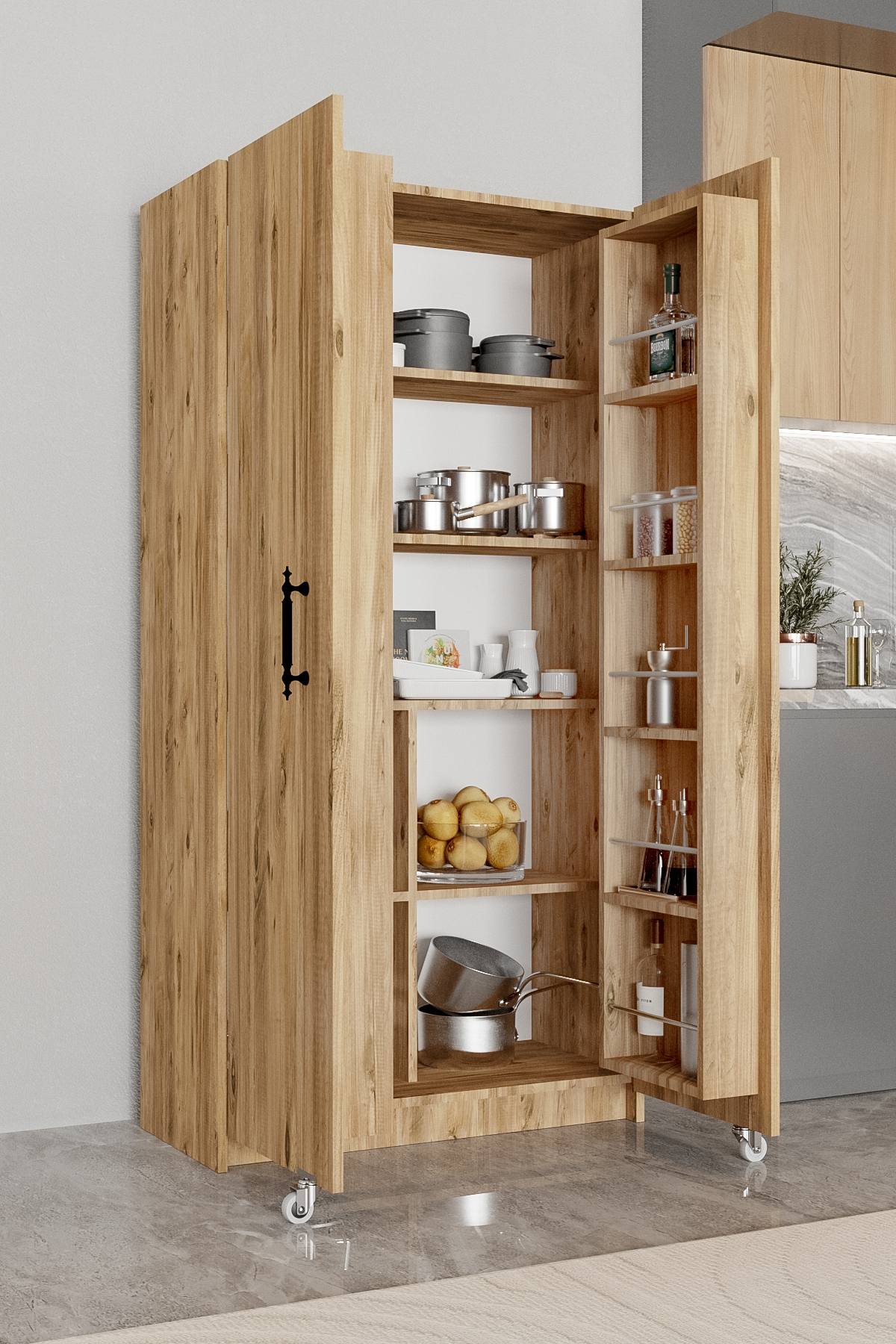 AE-3035 Vezir Çam Pantry, Supply Cabinet, Multipurpose Kitchen Cabinet, Bathroom, 2 Doors, Shelf, Wheeled