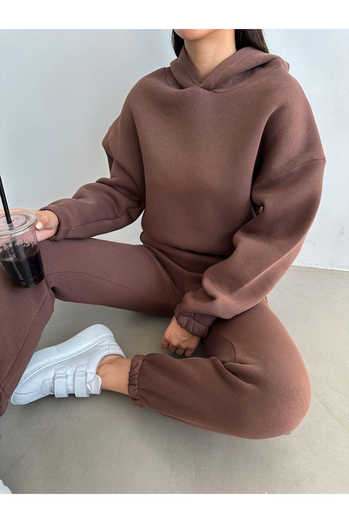BEJNA-Basic-Trainingsanzug-Set für Damen aus brauner Baumwolle mit Fleece-Innenseite 4