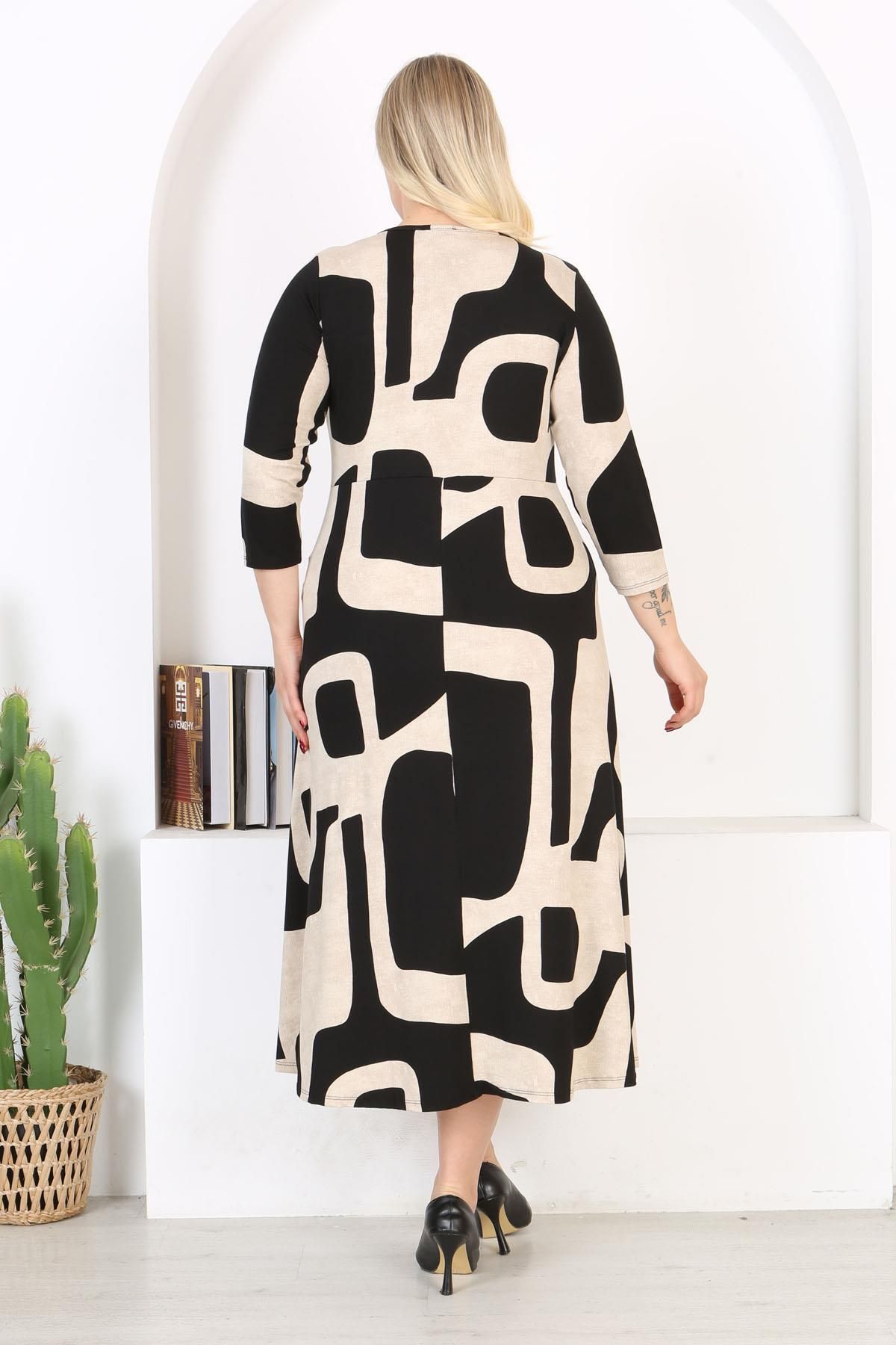 Mooi XXL-Rochie maxi de damă, negru, bej, cu imprimeu asimetric, cu mânecă lungă, cu rever dublu 6