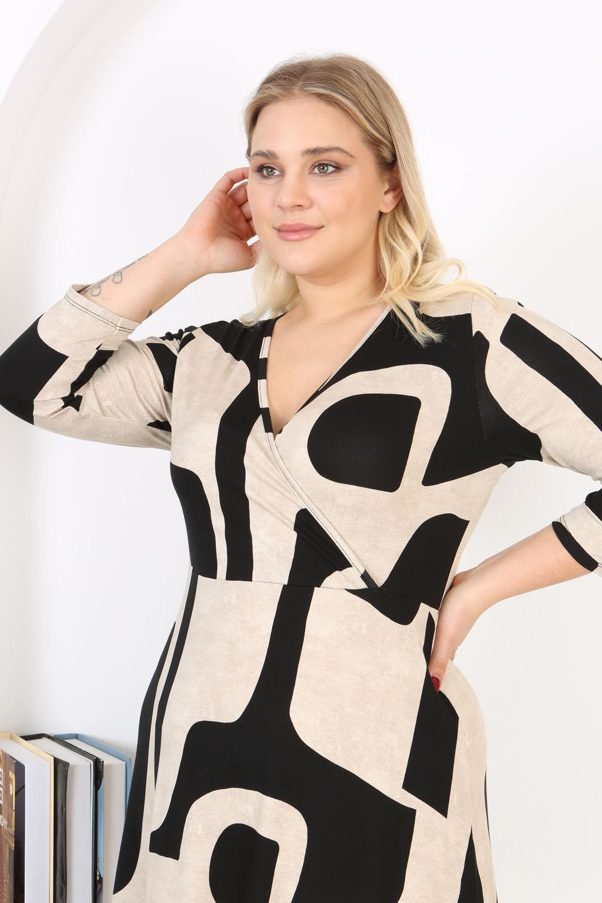 Mooi XXL-Rochie maxi de damă, negru, bej, cu imprimeu asimetric, cu mânecă lungă, cu rever dublu 5