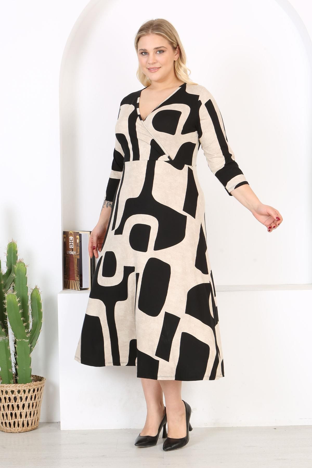 Mooi XXL-Rochie maxi de damă, negru, bej, cu imprimeu asimetric, cu mânecă lungă, cu rever dublu 3