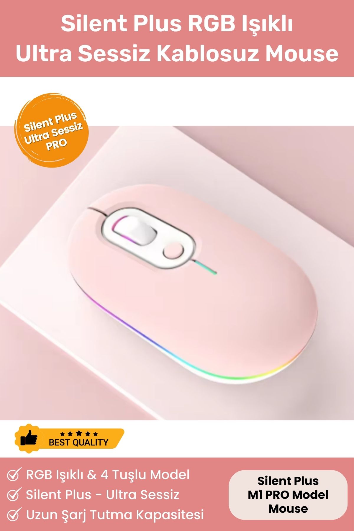 Noriyen Silent Plus RGB Işıklı Ultra Sessiz 4 Tuşlu USB 2.4G Şarjlı Kablosuz Wireless Bluetooth M1 Mouse