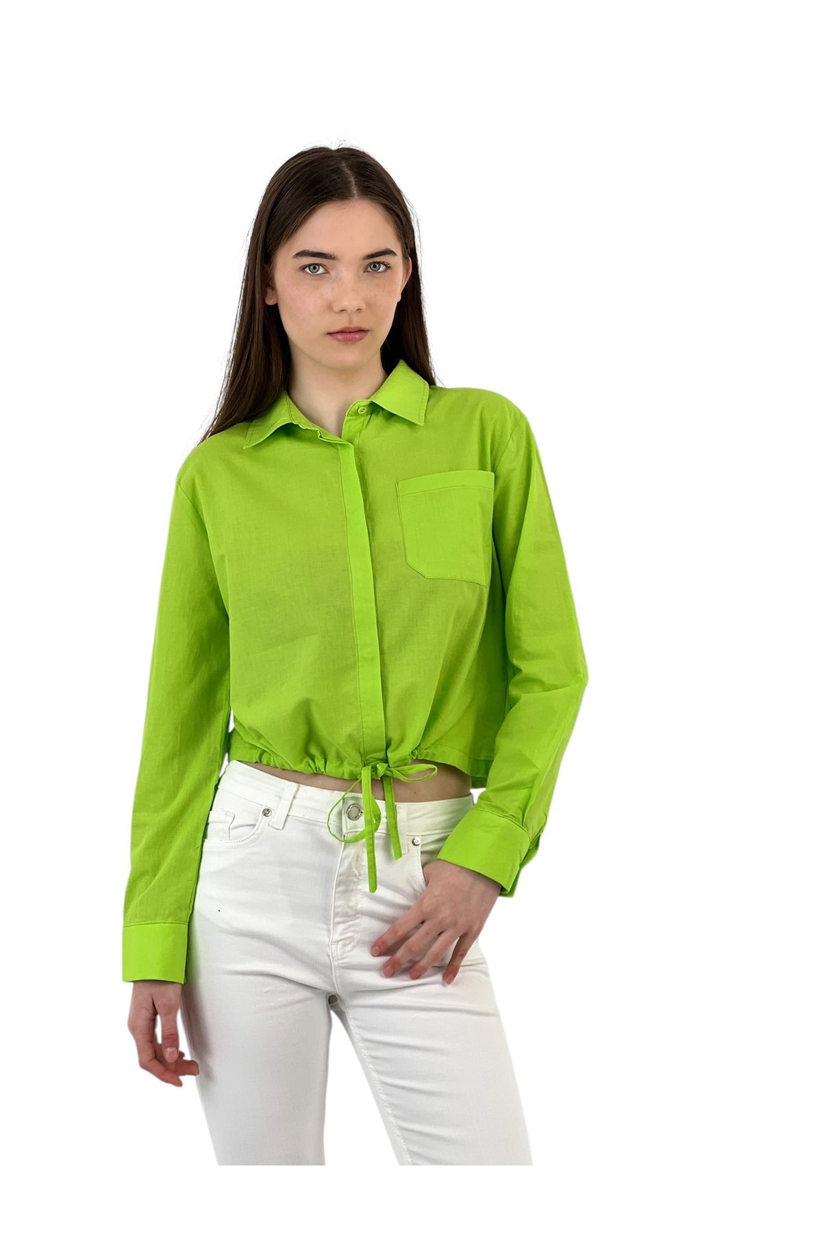 Miss Poem-Women's Drawstring Short Pocket Basic Crop Green Shirt 2