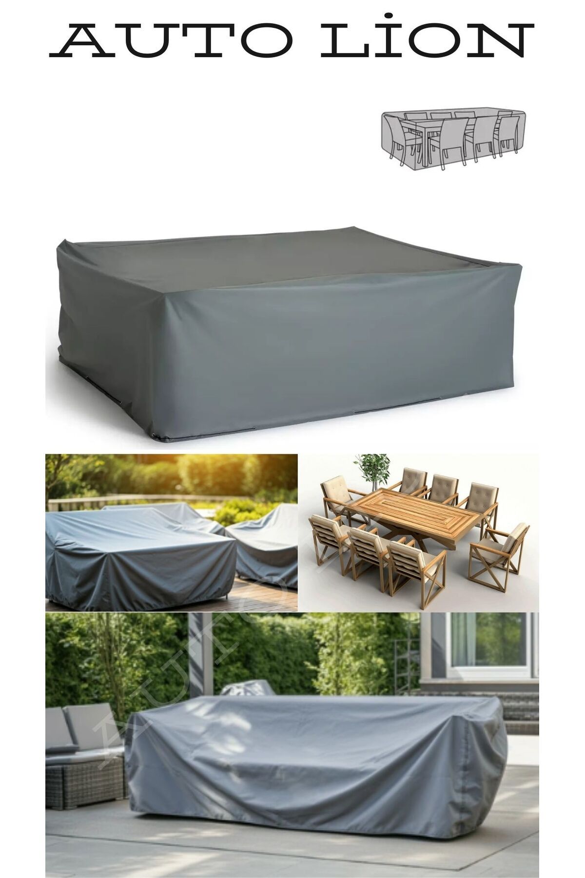 autolion Bahçe Mobilya Brandası 160x100x80 Cm Masa Sandalye Koruma Örtüsü Kılıf Gri Su Geçirmez
