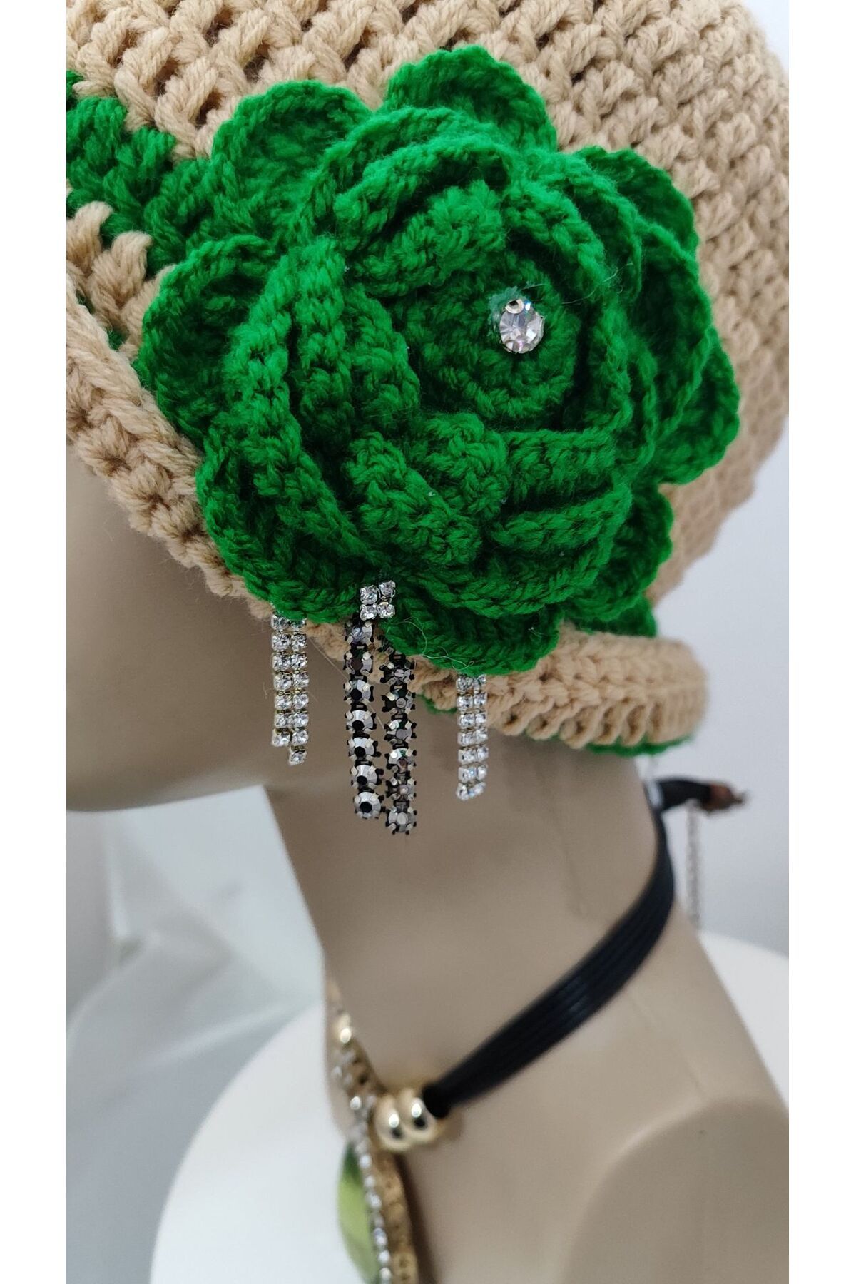 drt tasarım-Green Beret - Mocha Mousse Design, Large Floral Hand Knitted Crochet 7