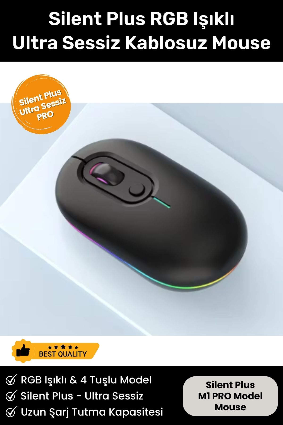 Noriyen Silent Plus Rgb Işıklı Ultra Sessiz 4 Tuşlu Usb 2.4g Şarjlı Kablosuz Wireless Bluetooth M1 Mouse