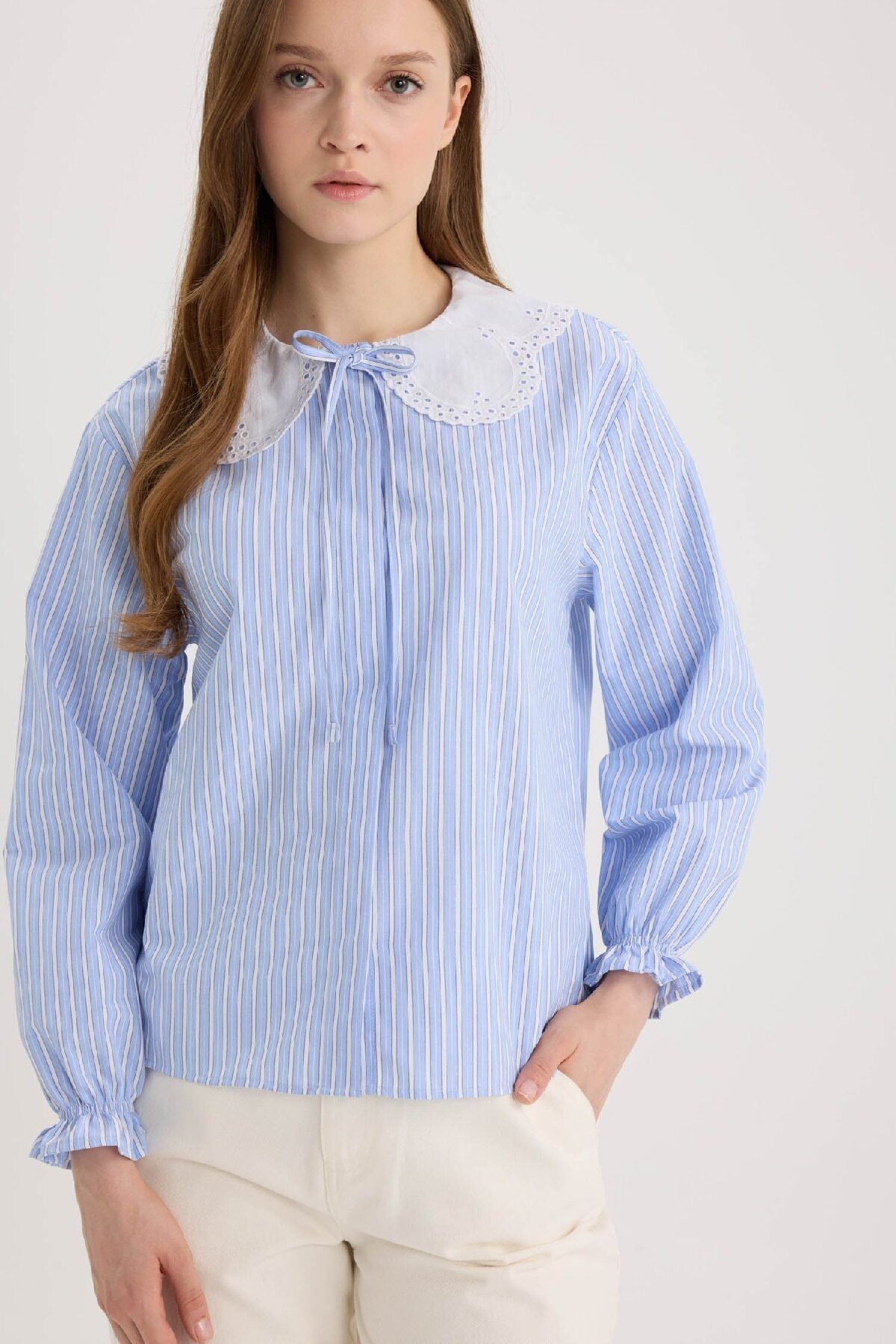 DeFacto-Regular Fit Wide Neckline Striped Poplin Long Sleeve Tunic E4354Ax25Sp 4