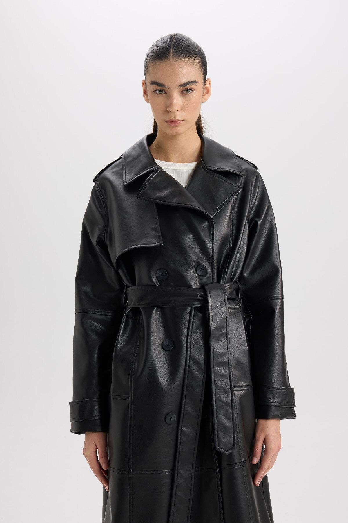 DeFacto-Water Repellent Trench Coat Double Breasted Collar Buttoned Belted Pocket A7960Ax25Sp 4