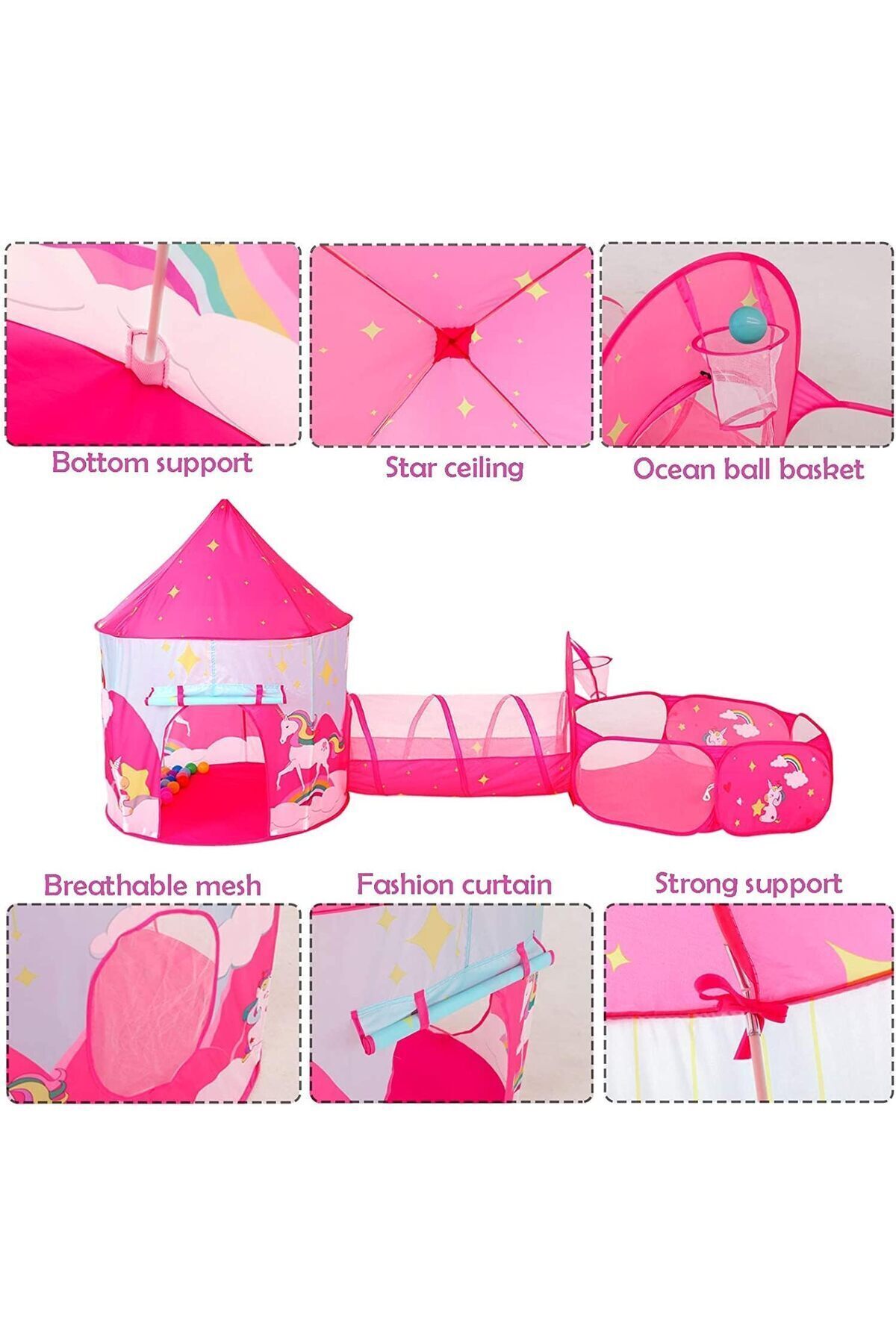 Yelajoy-3 pcs Unicorn Tent Toy,Crawl Tunnel,Ball Pit Pink with Basketball Hoop,for Boys and Girls Play 2