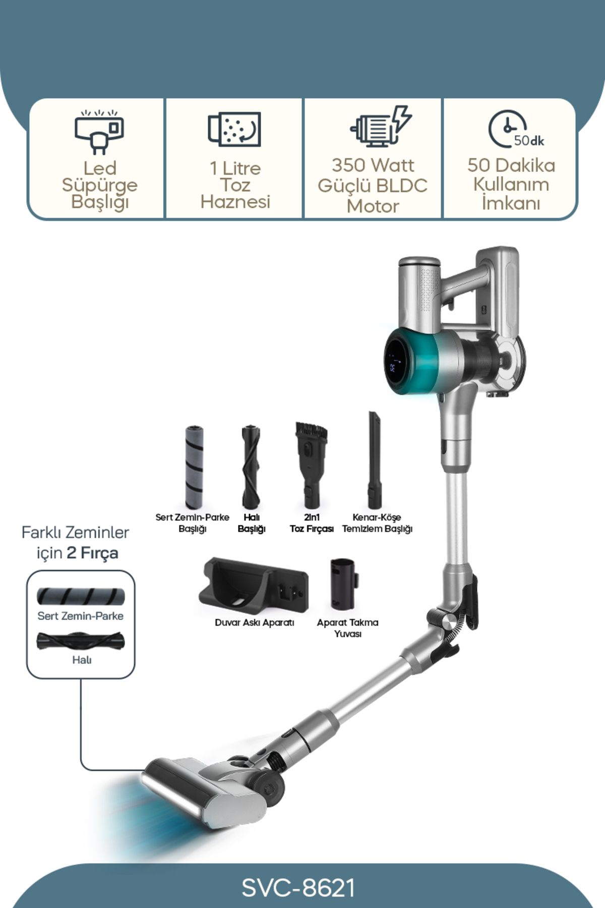 Sinbo Svc-8621 Bldc Motorlu Dikey Kablosuz Şarjlı Led Aydınlatmalı Süpürge