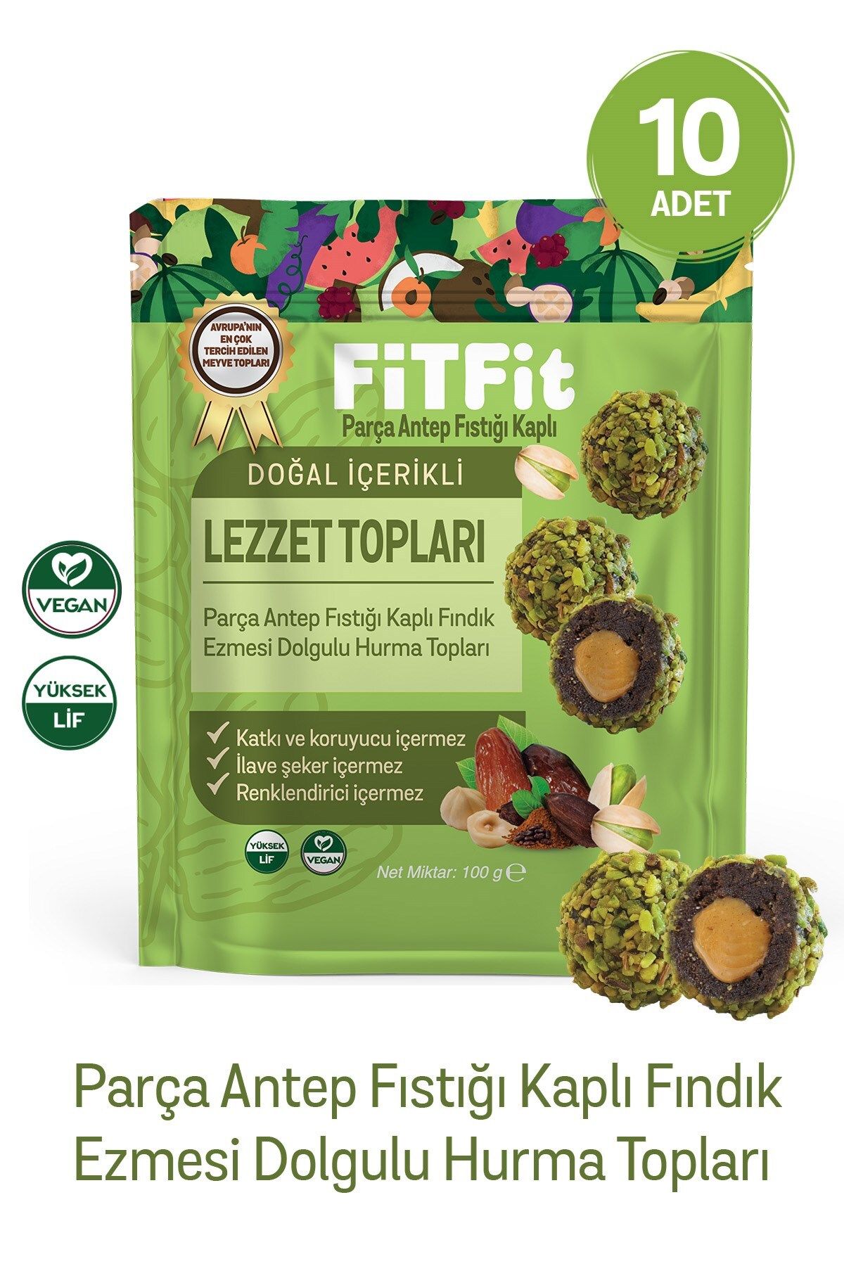 FitFit Antep Fıstıklı ve Hurmalı Meyve Topları Glutensiz, Doğal Atıştırmalık 100GR X 10 ADET