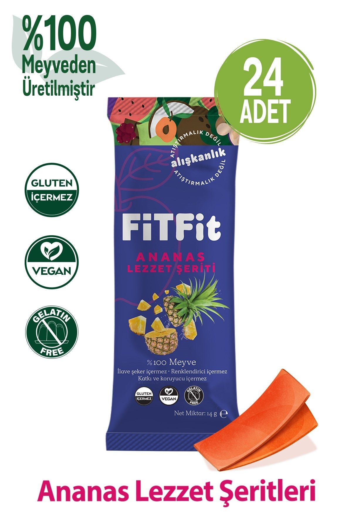 FitFit Ananas Meyve Pestili Glutensiz Doğal Meyveli Sağlıklı Atıştırmalık 14GR X 24 ADET