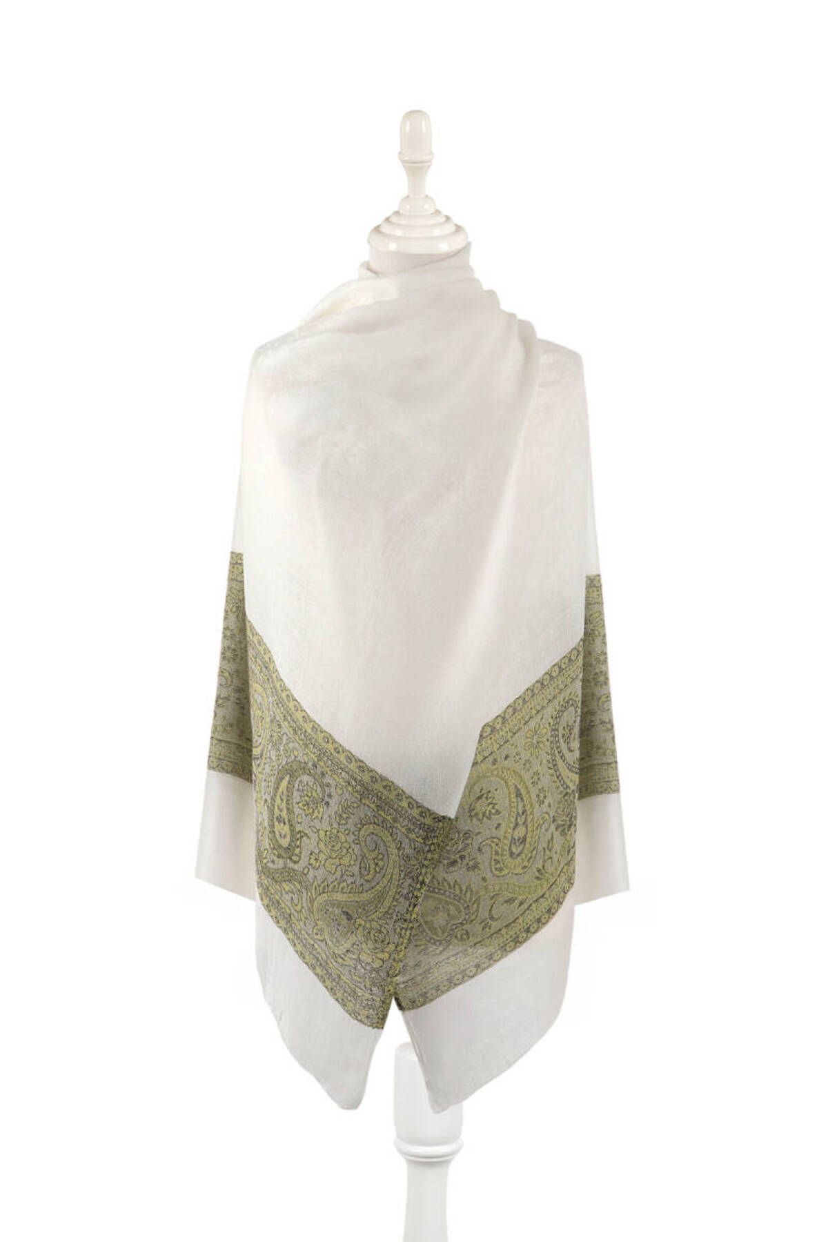 Bursa İpek-Green Border Patterned Wool Shawl 1