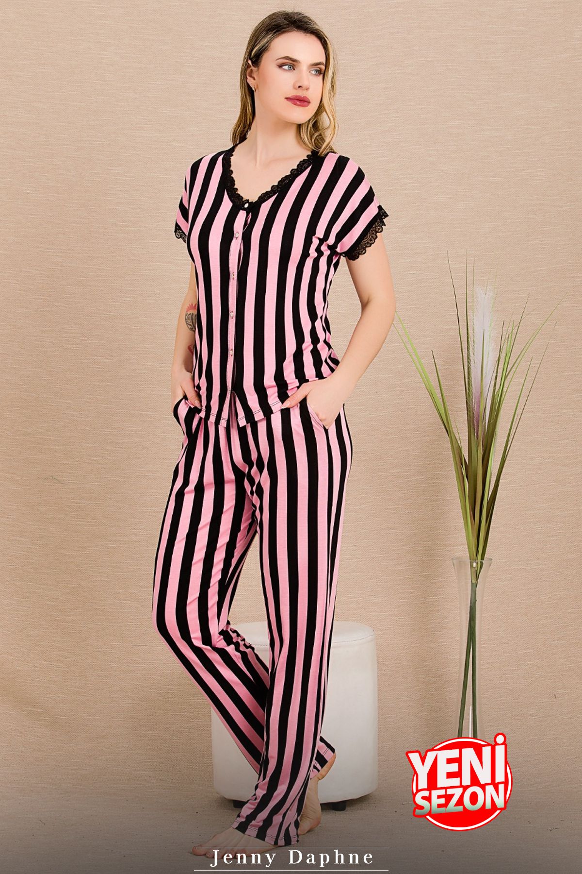 Jenny Daphne-Lady Stripe Patterned Pajamas New Season Short-Sleeve Pajamas Set 12496 2