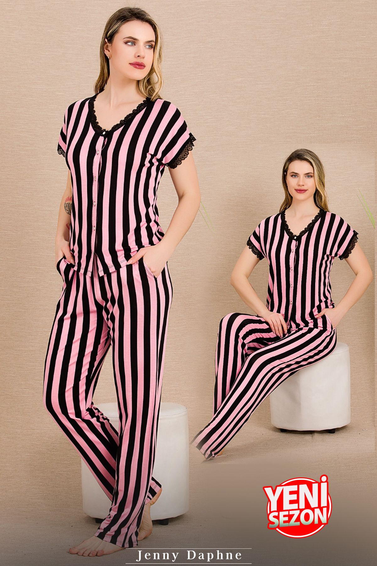 Jenny Daphne-Lady Stripe Patterned Pajamas New Season Short-Sleeve Pajamas Set 12496 1