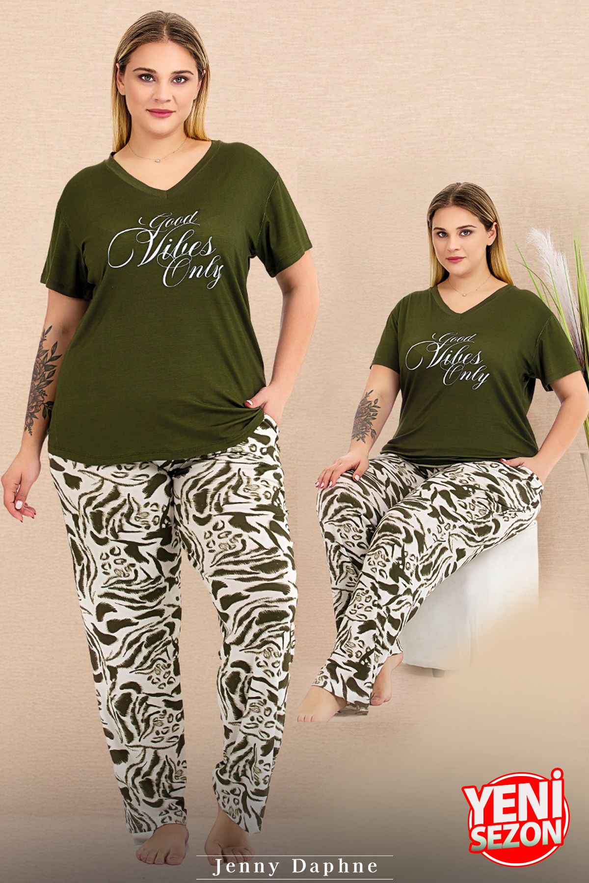 Jenny Daphne-Lady Plus Size Print V Neck Sleepwear Short Sleeve Pajamas Set 10999 1