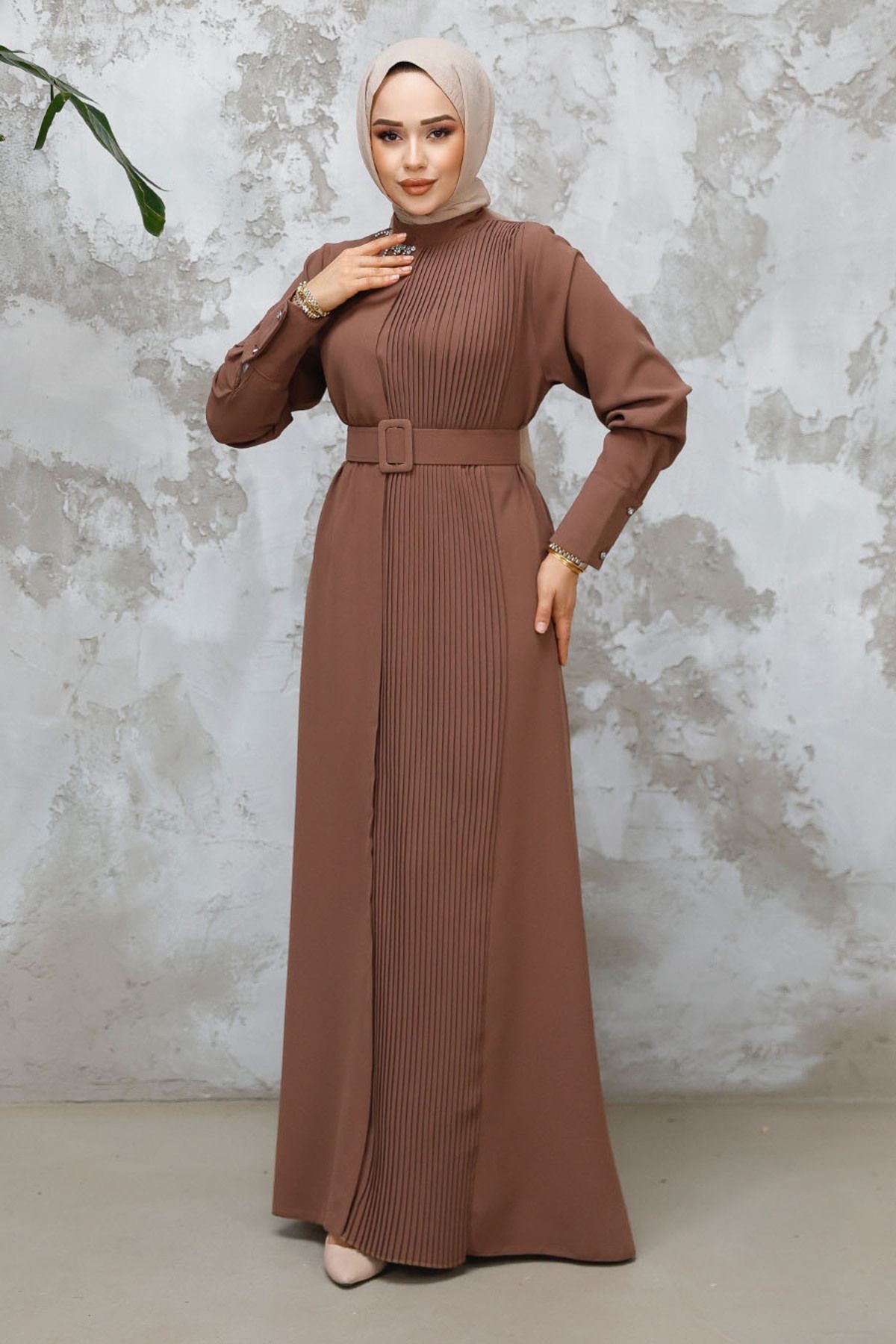 Neva Style-Dark Mink Hijab Dress with Buckle Belt 65879Kv 3