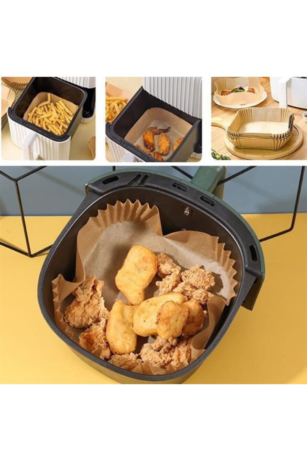 KeşifHOME 50 Adet Air Fryer Pişirme Kağıdı Tek Kullanımlık Yağ Geçirmez Yapışmaz Kare Tabak Model PVC