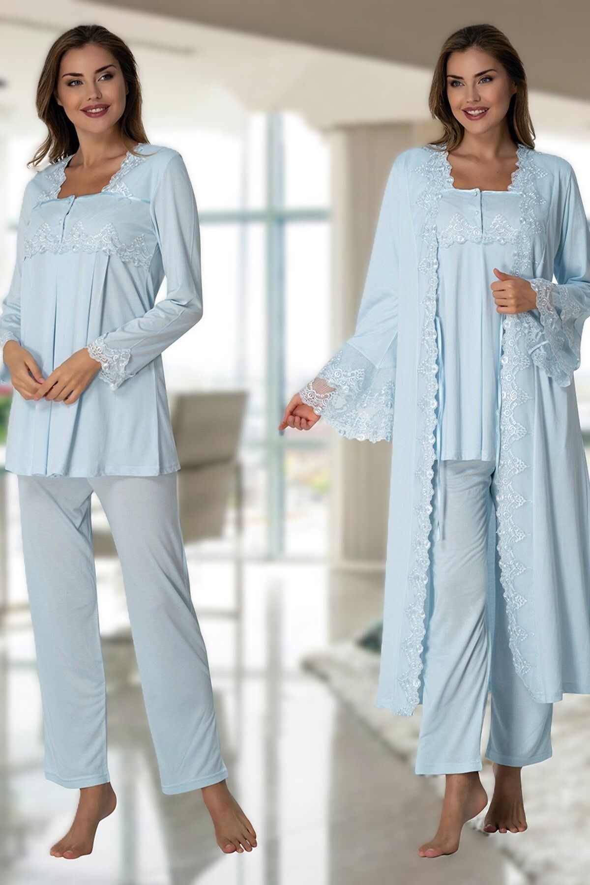 LOHOUSE-Women's Blue Special Design Lace Cotton Maternity Pajama Set of 3 with Dressing Gown 3