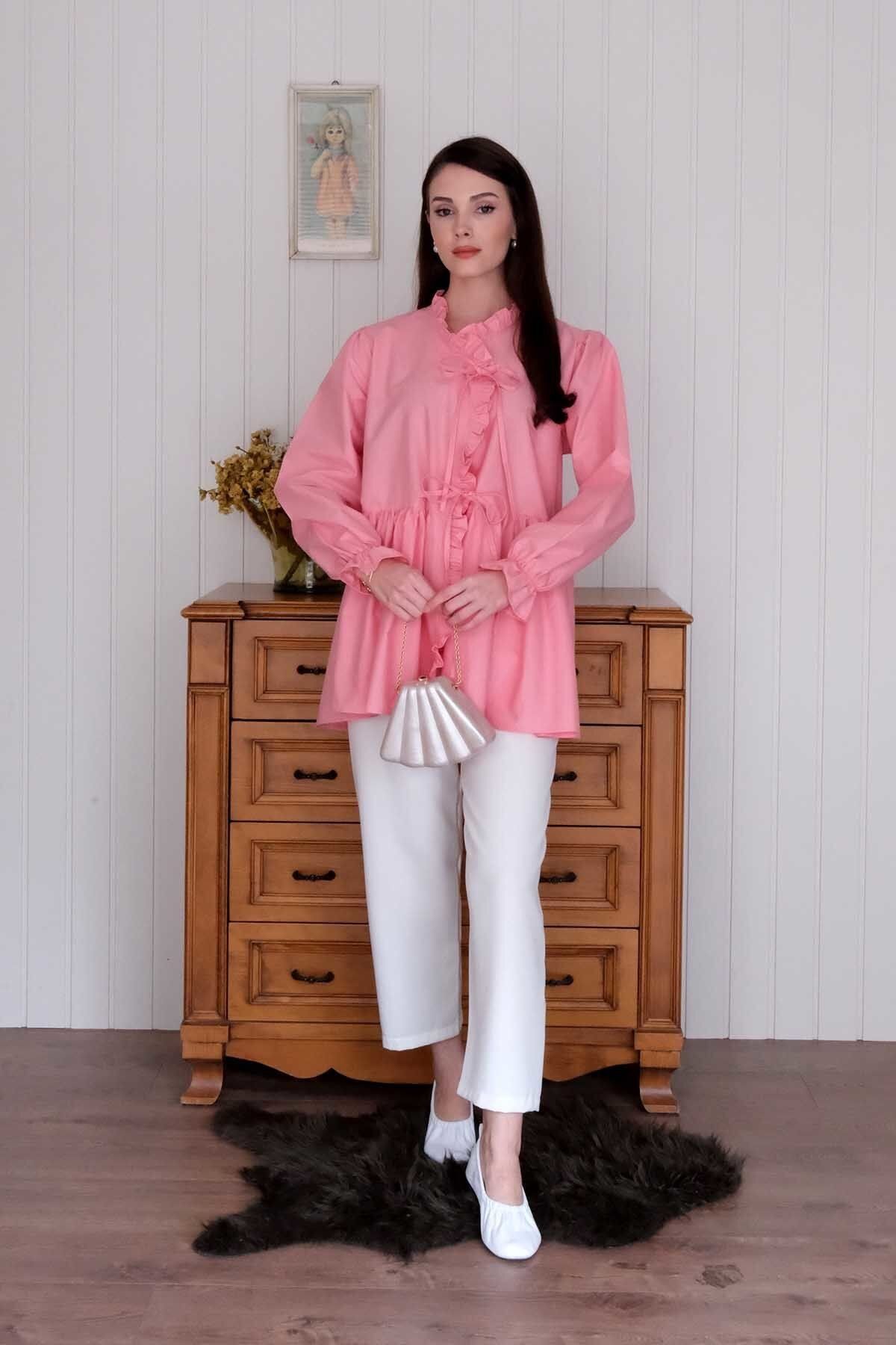 Ceylan Otantik-Coral Pink Ruffle Laced Tunic 7