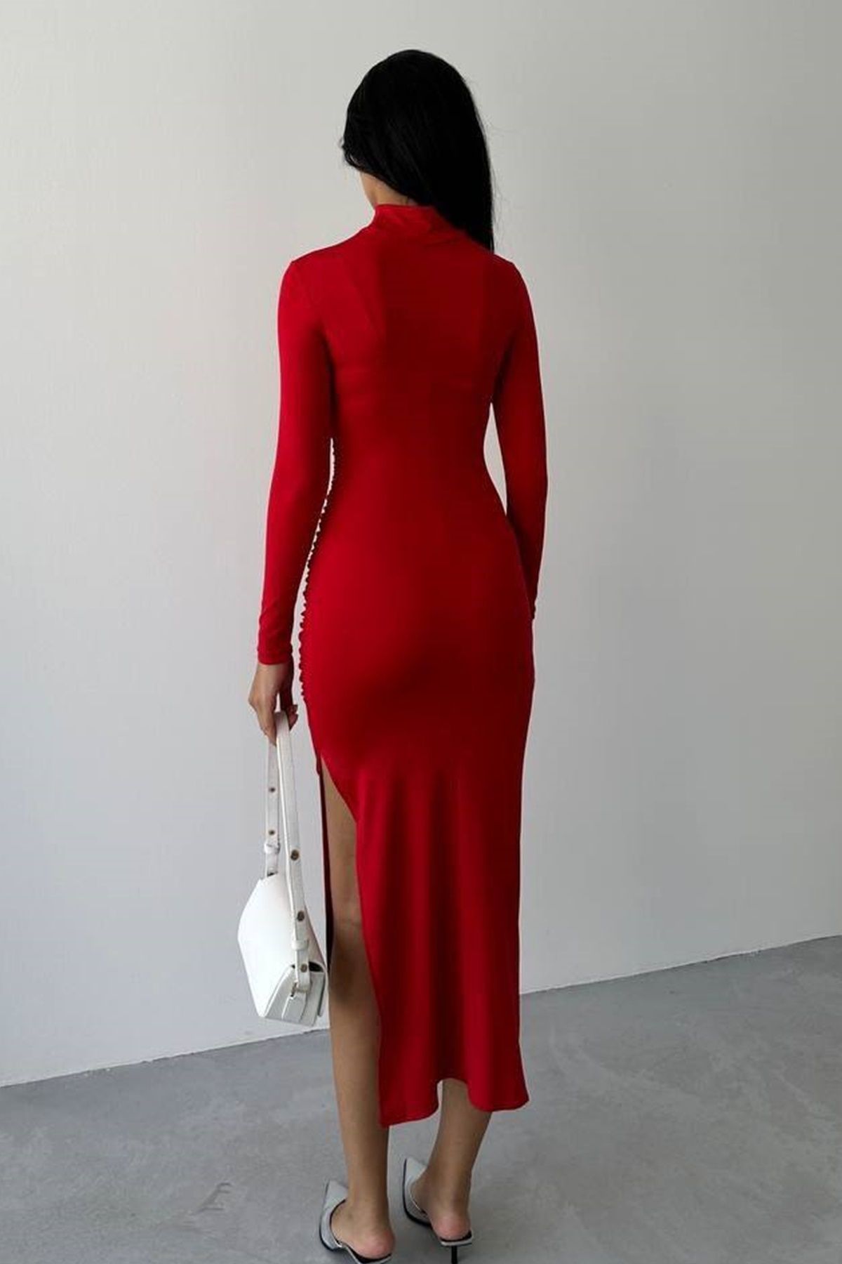 WOMAN VISION-Women's Red Sandy Fabric Half Turtleneck and Slit Design Midi Evening Dress 302 2