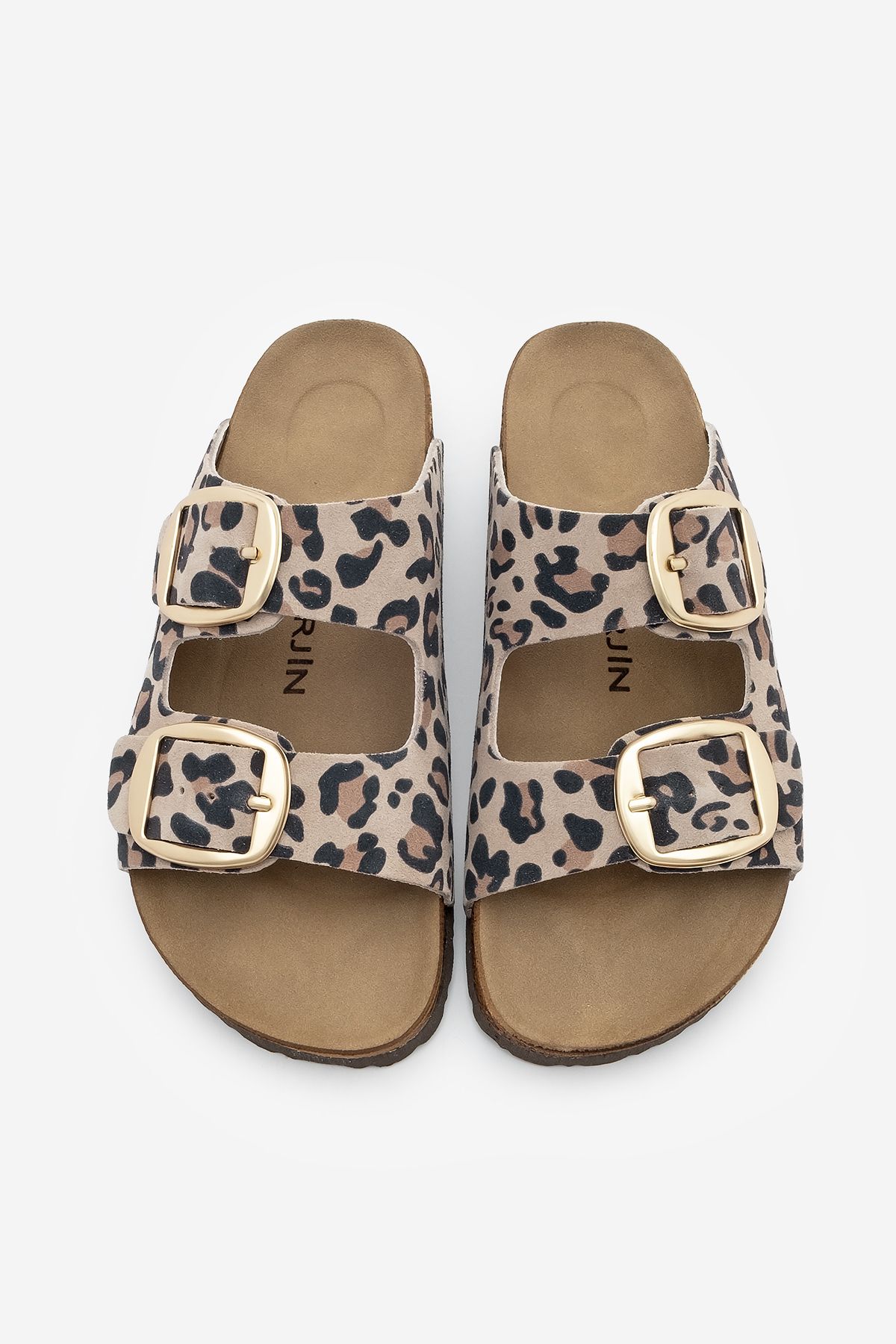 Marjin-Dámské pantofle Poly Beige s leopardím vzorem – pravá kůže, dvojité pruhy, podrážka Eva 4