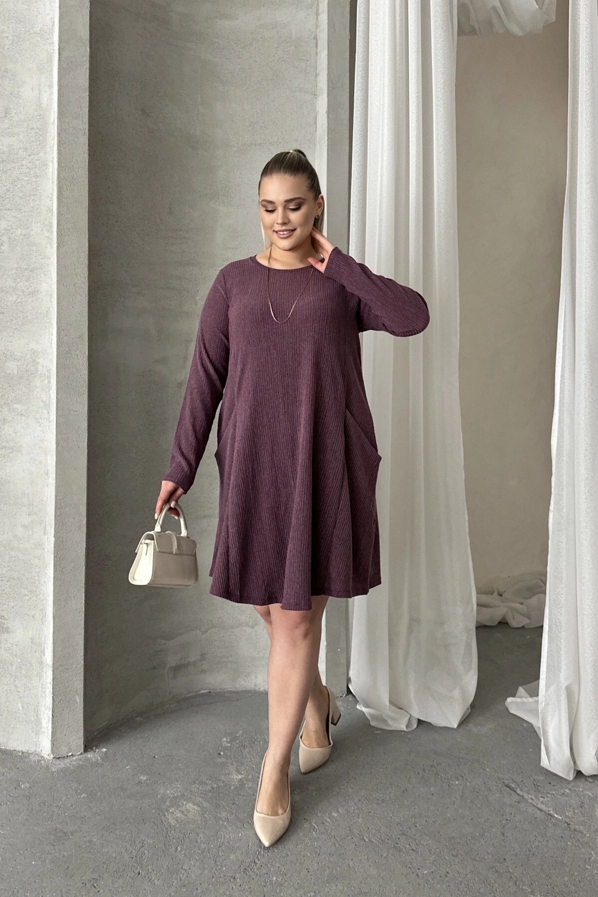 Stil Diva-Plus Size Long Sleeve Crew Neck Pocket Ribbed Dress 100-186 1